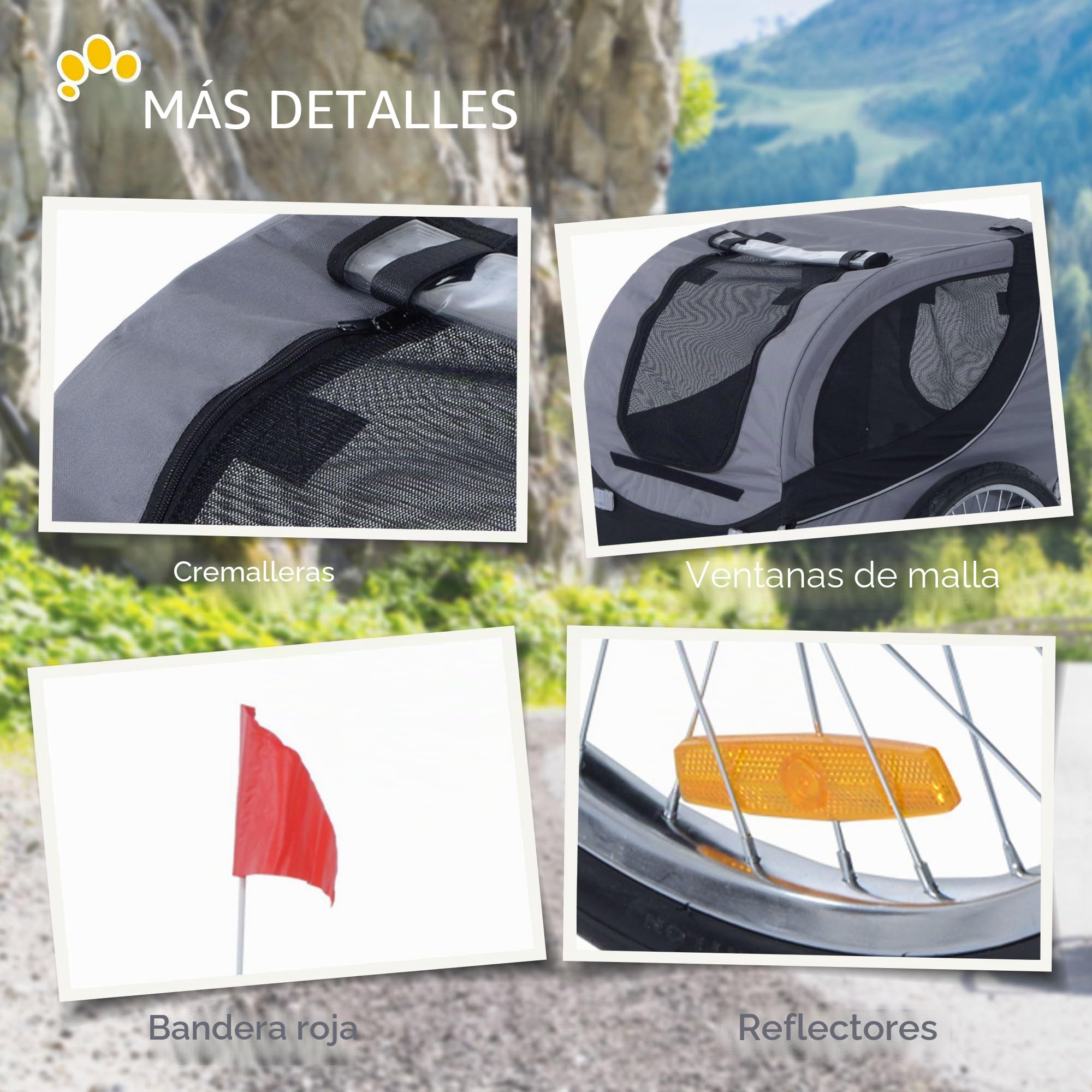 PawHut Remolque Mediano para Bicicleta de Perro con Ventanas Laterales y Bandera, Remolque para Bicicleta de Acero y Tela Oxford, 130x73x90 cm, Gris y Negro
