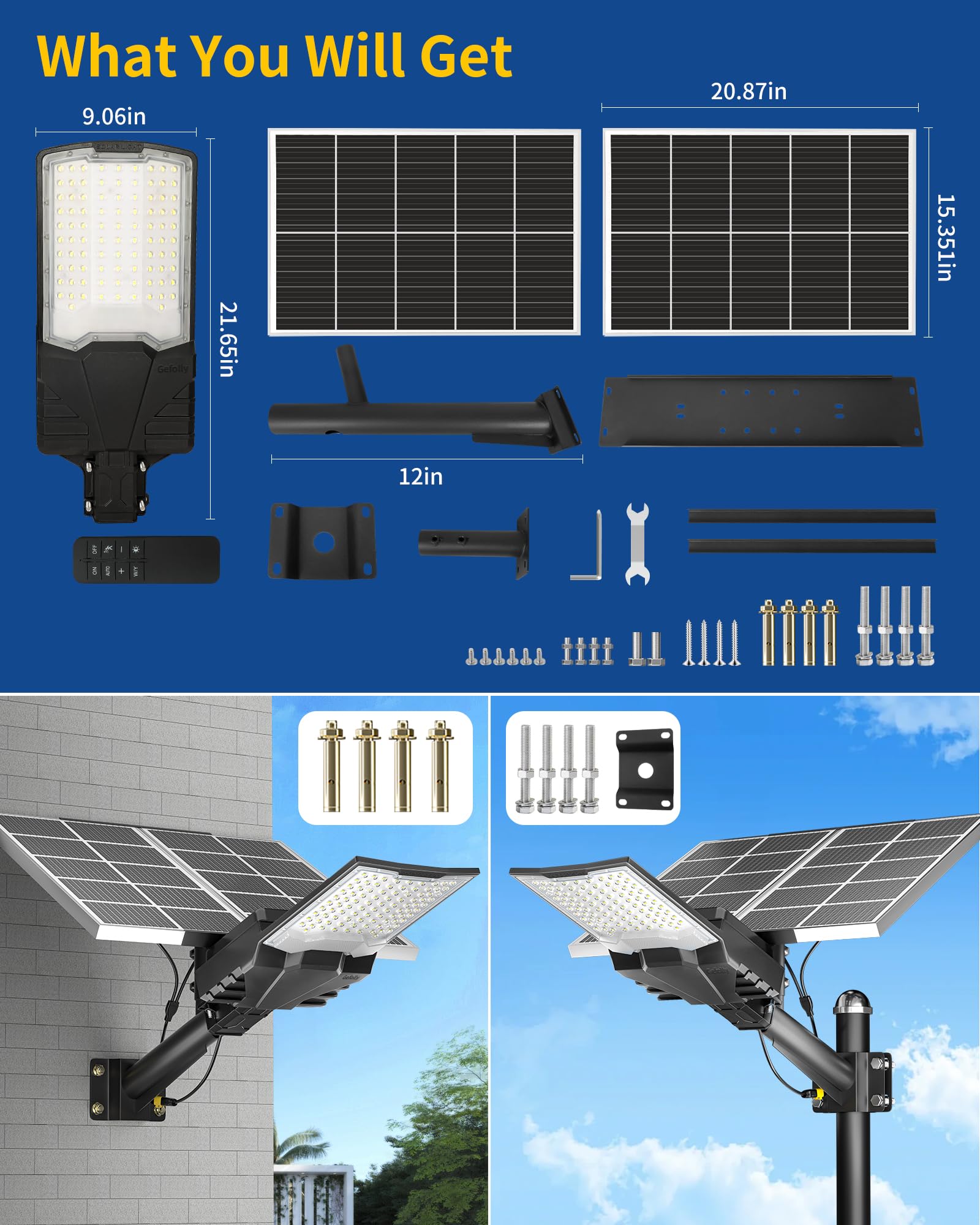 Gefolly Lampione Solare LED Esterno, Led Lampioni da esterni con Telecomando, 6500K Luz de Seguridad Jardín, IP67 Impermeabili Lampioni per Cortile, Giardino (SL-18000W)