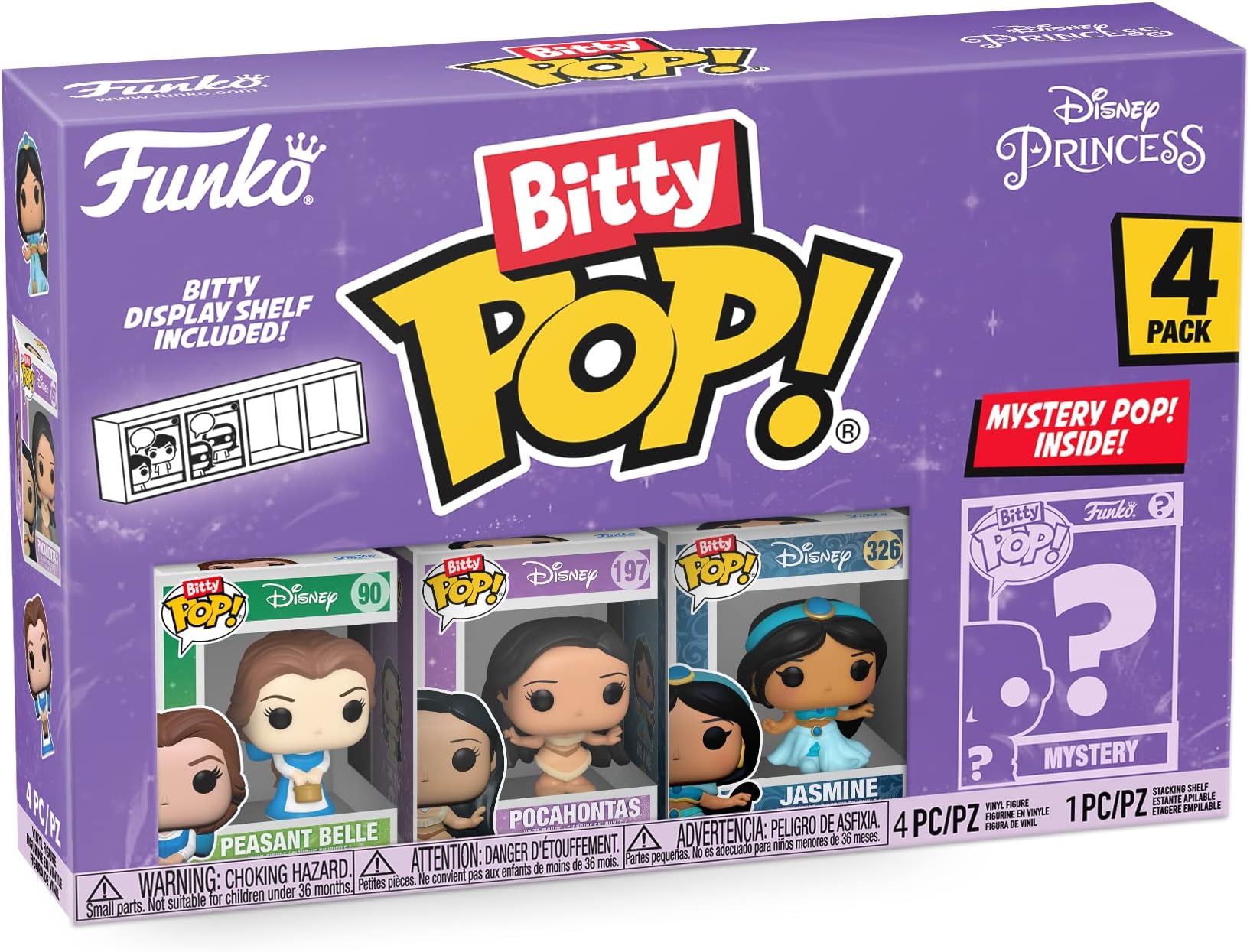 Funko Bitty Pop! Disney P - Belle 4PK - Peasant Belle, Pocahontas, Jasmine and A Surprise Mystery Mini Figure - 0.9 Inch (2.2 Cm) Collectable - Stackable Display Shelf Included - Gift Idea