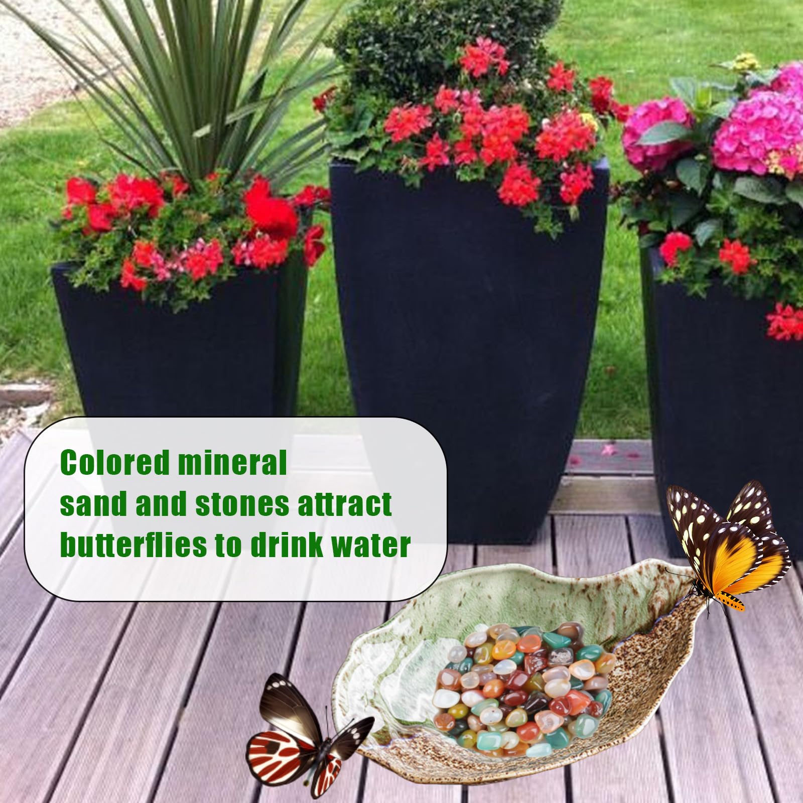 Schmetterlings-Bewässerungsstation für den Außenbereich, Schmetterlings-Futterspender für den Garten, Keramik, Schmetterlingspuddler mit 100 ml farbigen Steinen für Garten, Rasen, Dekoration, 2 Stück