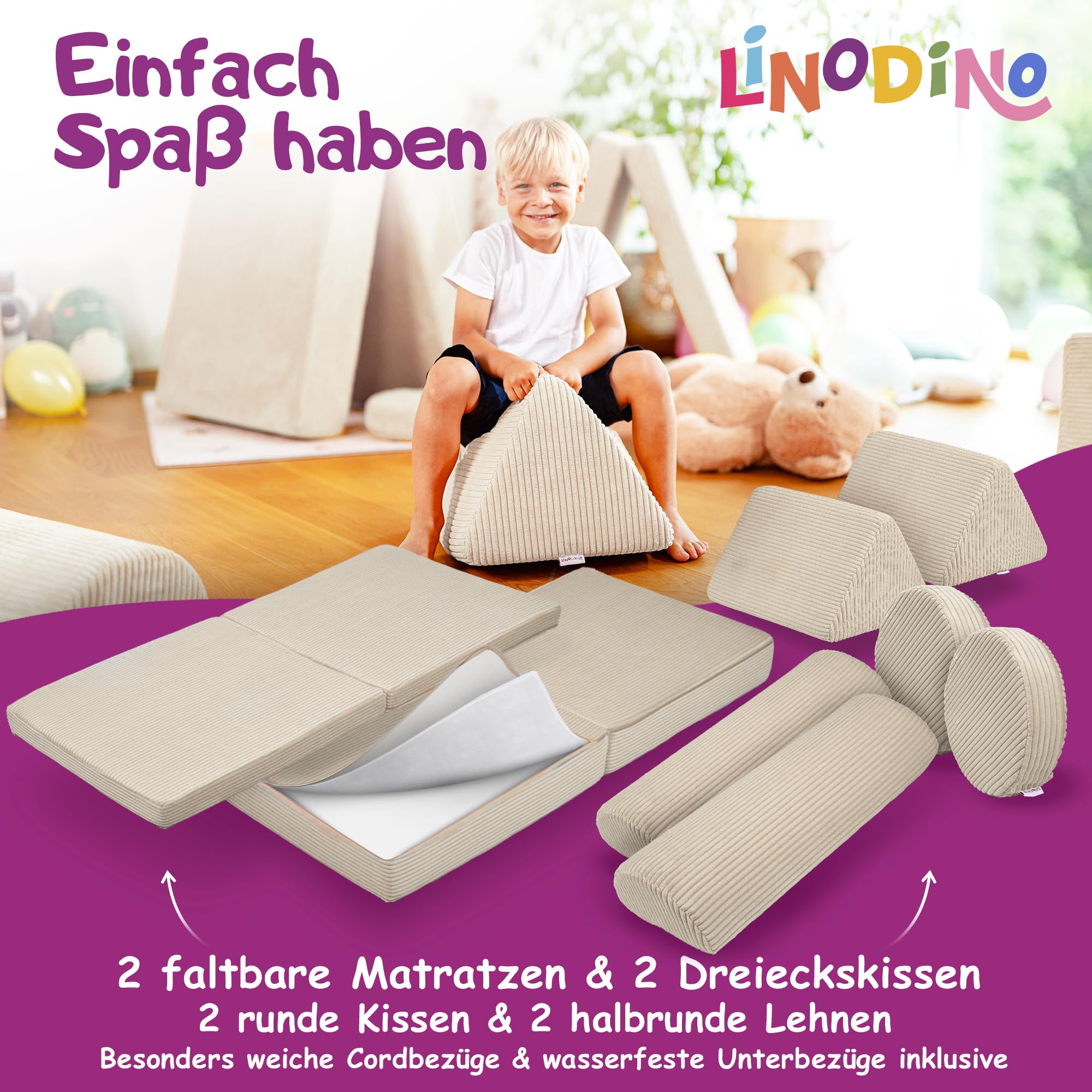 Linodino® Spielsofa Cord Fantasiewelt, Kindersofa-Bausteine - Stapelsteine für Kinder - Kindercouch, Sofa-Kuschelecke | Schaumstoff-Softbausteine | Oeko-TEX 100 Zertifiziert | Elfenzauber Beige