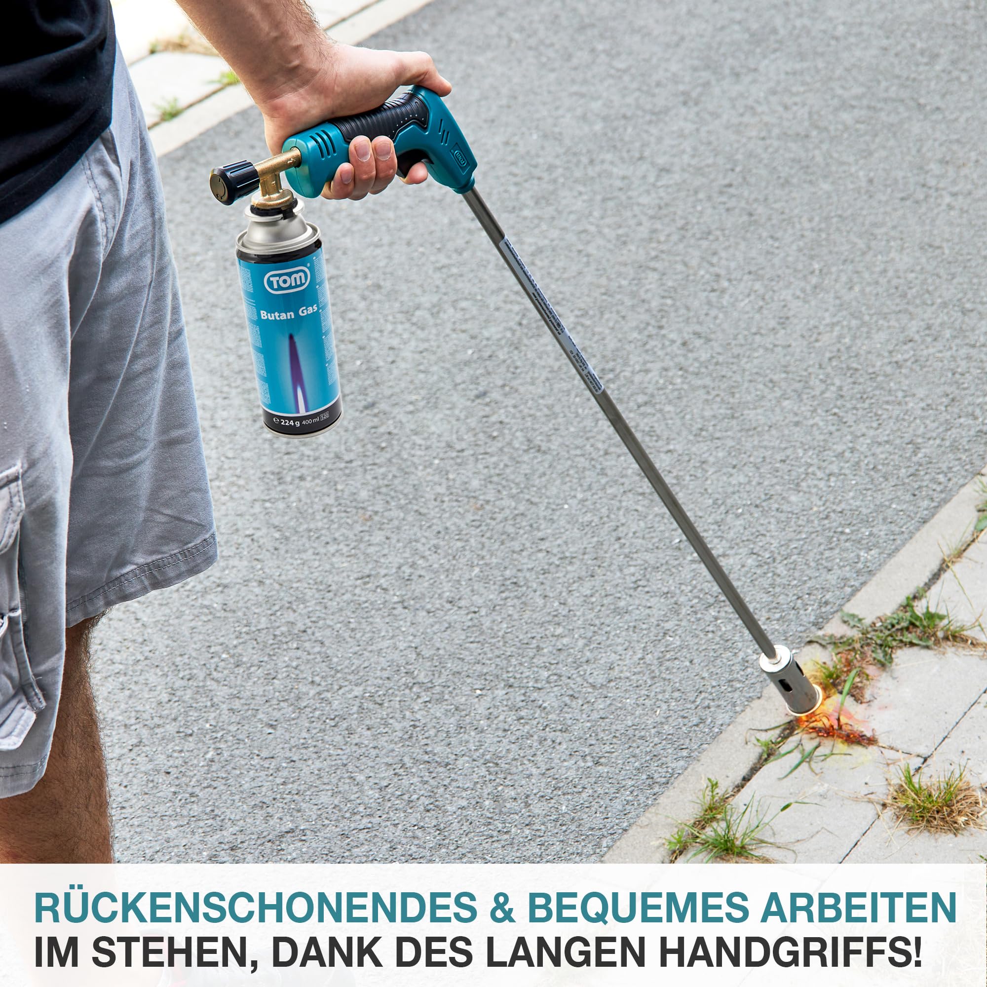 TOM Gas Unkrautbrenner Set + 8 x 400 ml Universal Gasflasche mit Schraubgewinde – Abflämmgerät ideal zur Unkrautvernichtung auf Pflastersteinen, Gehwege, Pflasterfugen