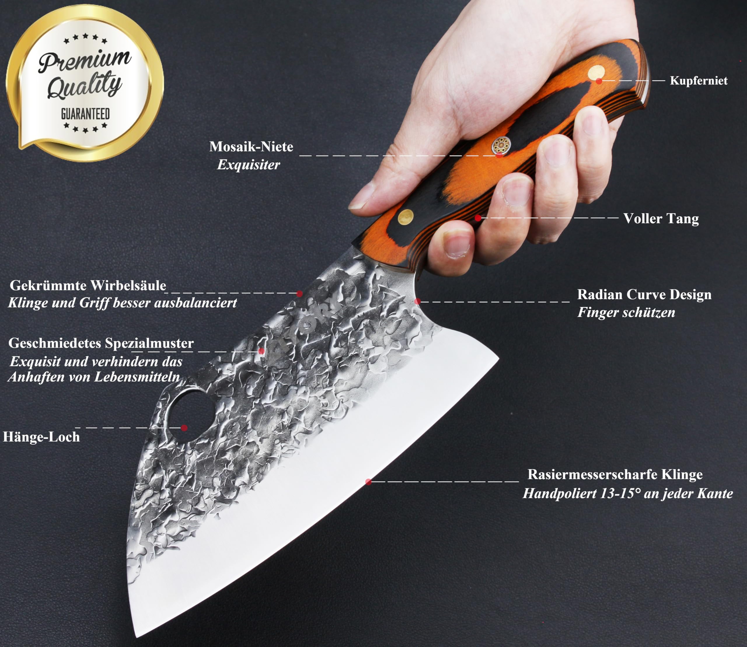Kitory Serbisches Hackmesser 18cm, Chinesisches Küchenmesser für Fleisch & Knochen, Handgeschmiedet, Pakkaholz-Griff mit Mosaik-Niete
