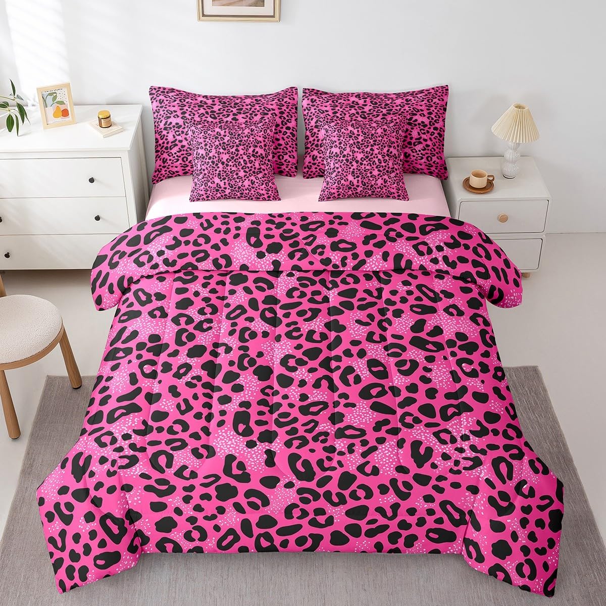 7 Pieces Queen Size Cheetah Skin Comforter Set,Modern Luxury Fashion Artwork Bedding Set for Girls Women,Leopard Print Rustic Animal (Comforter+Fitted+Flat Sheet+2 Pillowcases+2 Throw Pillow Covers)