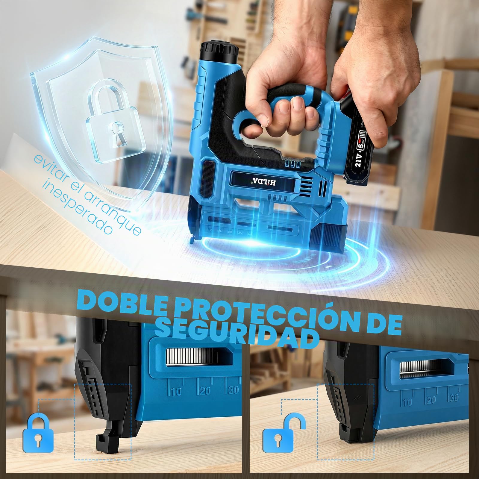 Pistola de Clavos Inalámbrica, Clavadora Eléctrica 21V para Clavos Brad y Grapas, 2 Baterías + 1000 Clavos + 1000 Grapas Incluidas, Tacker sin Cable para Carpintería y Tapicería