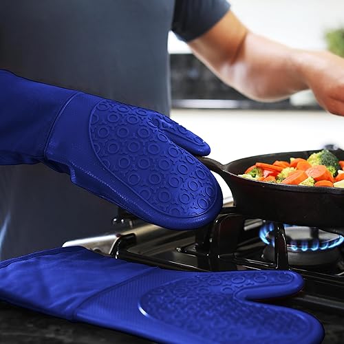 Vista 155 de Guantes de horno de silicona con forro de algodón acolchado – profesional resistente al calor olla de cocina soportes – 1 par, Negro