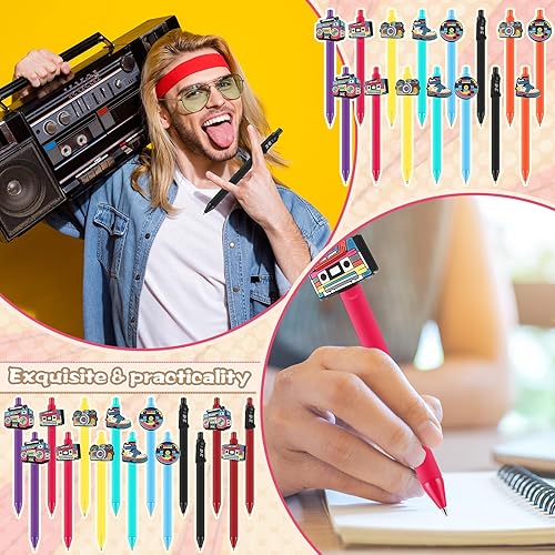 Miniatura 6 de 30 bolígrafos de fiesta de los años 80 y 90, a granel, retro, hip hop, música, bolígrafos coloridos retráctiles de tinta negra, suministros de
