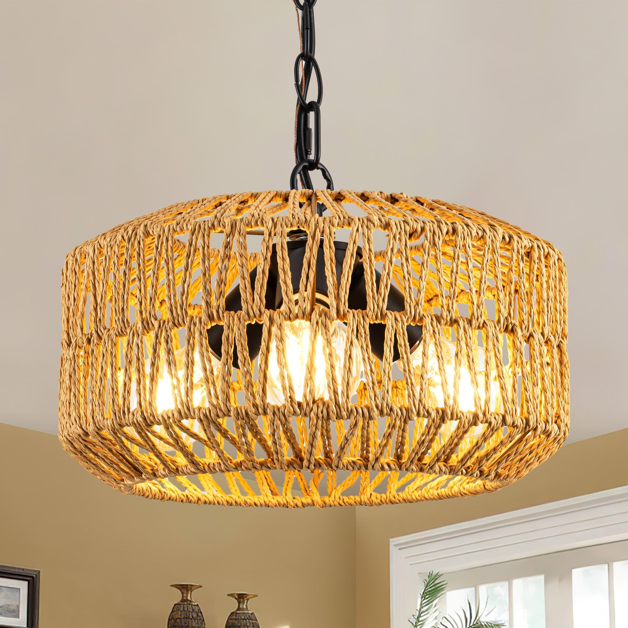 Rattan Pendant Light, 3-Light Boho Chandelier, Hand Woven 11.8 Inch Farmhouse Hanging Fixture for Kitchen Island, Dining Room, Living Room