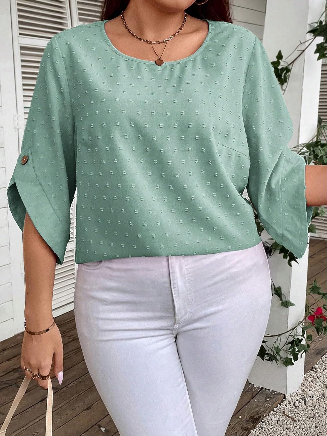 WDIRARA Women's Plus Size Swiss Dots Round Neck Button 3/4 Sleeve Blouse Casual Top Mint Green 0XL - Image 6