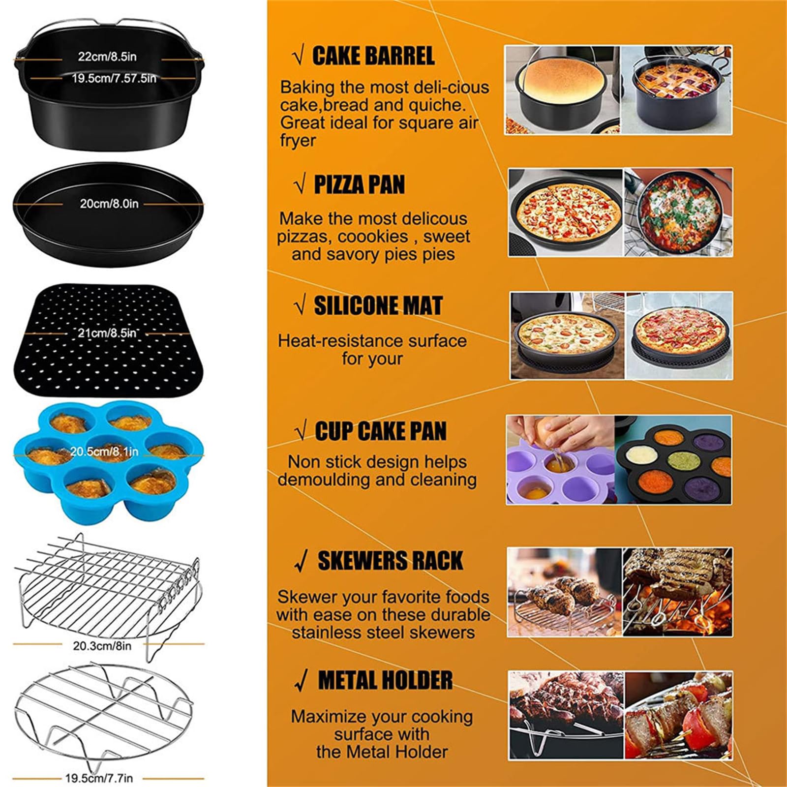 6 pz/set accessori aria in acciaio al carbonio cottura a vapore cremagliera tappetino in silicone strumento da cucina adatto per forno ad aria accessori aria torta barili pizza pan