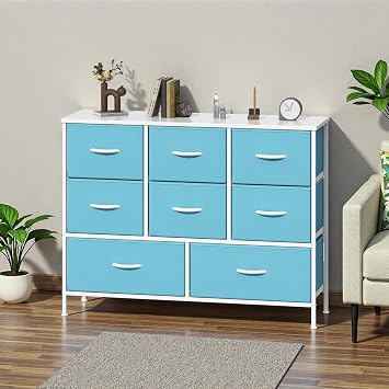 Chest of Drawers, Fabric Dressers with Metal Frame and MDF Wooden Top Board, Adjustable Feet, Anti-Tip Safety, Storage Unit with 8 Drawers for Bedroom, Living Room, Closet, Blue