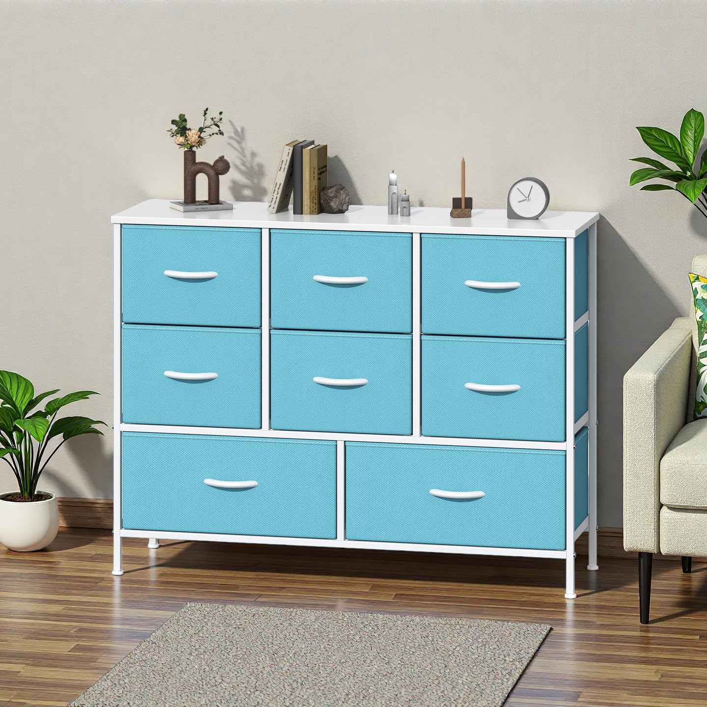 GoaHi Chest of Drawers, Fabric Dressers with Metal Frame and MDF Wooden Top Board, Adjustable Feet, Anti-Tip Safety, Storage Unit with 8 Drawers for Bedroom, Living Room, Closet, Blue