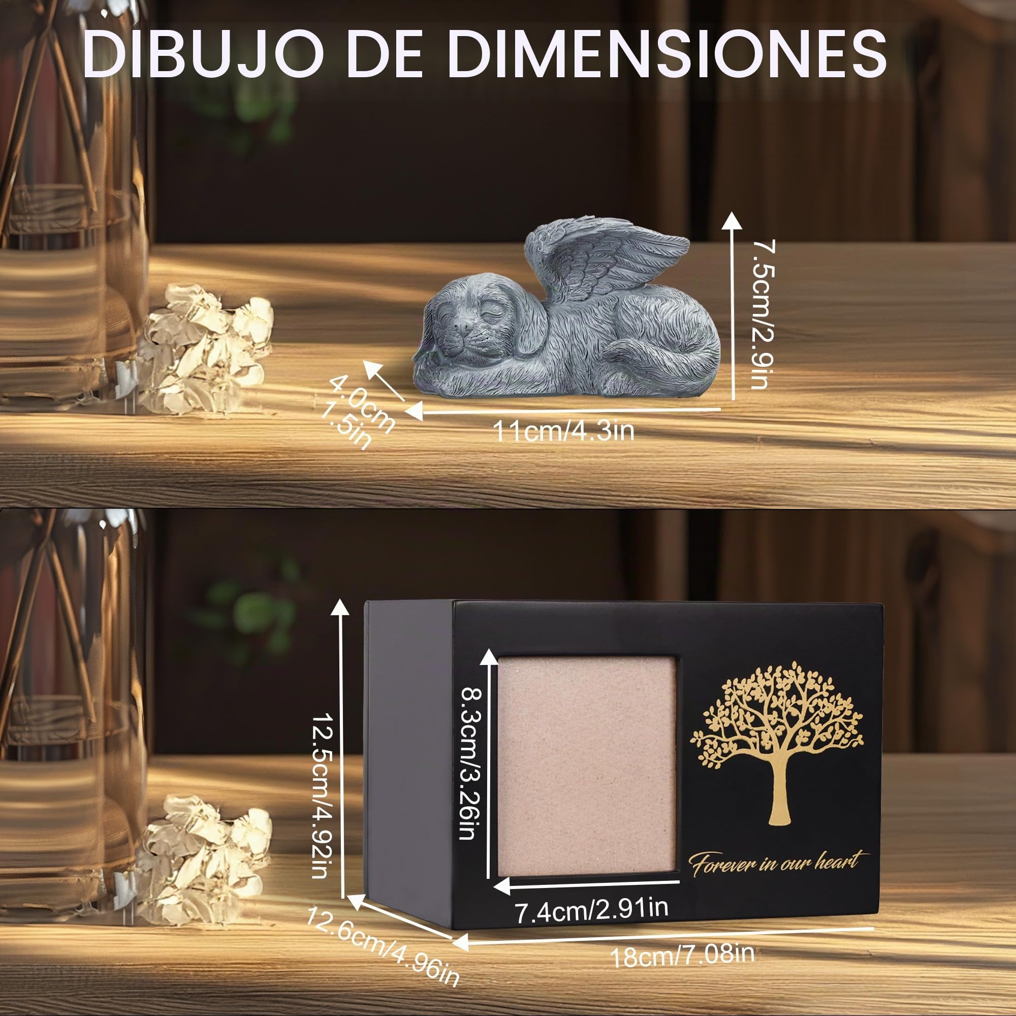 Urna para cenizas de perro, recuerdo de madera negra con marco de fotos, caja de recuerdos con estatua de perro de resina y bolsas de almacenamiento selladas (25 kg)