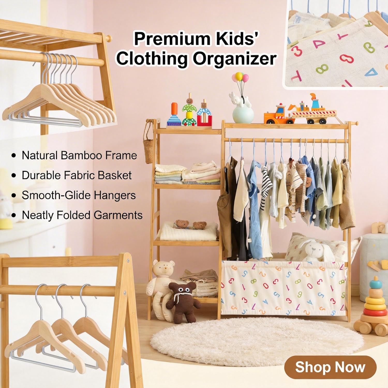 Kids Clothing Rack- Toddler Dress Up Rack with 5-Tier Open Shelves & Storage Bag, Baby Clothes Rack Small, Bamboo Garment Rack & Free Standing Clothes Rack, Mini Clothing Rack for Playroom