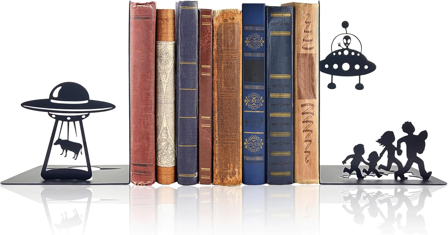 Alien Decor UFO Decor - Unique Bookends for Kids and Adults - Decorative Bookends for Shelves - Black Modern Bookends for Avid Readers - Fun Stylish Alien Gifts