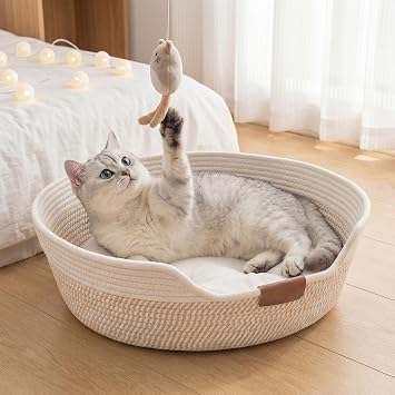 YOUDENOVA Cat Bed, Stimulicat Handwoven Cat Basket with Cushion | Instinct Basket for Cat, Cat Bed Basket, Cotton Rope Cat Scratcher, Kitten Bed for Medium and Large Cat, All Season Universal