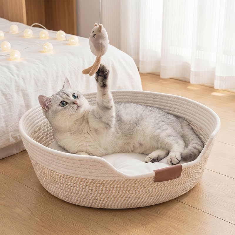 Cama redonda para gatos em corda de algodão com almofada removível YOUDENOVA 48 x 48 x 15 cm