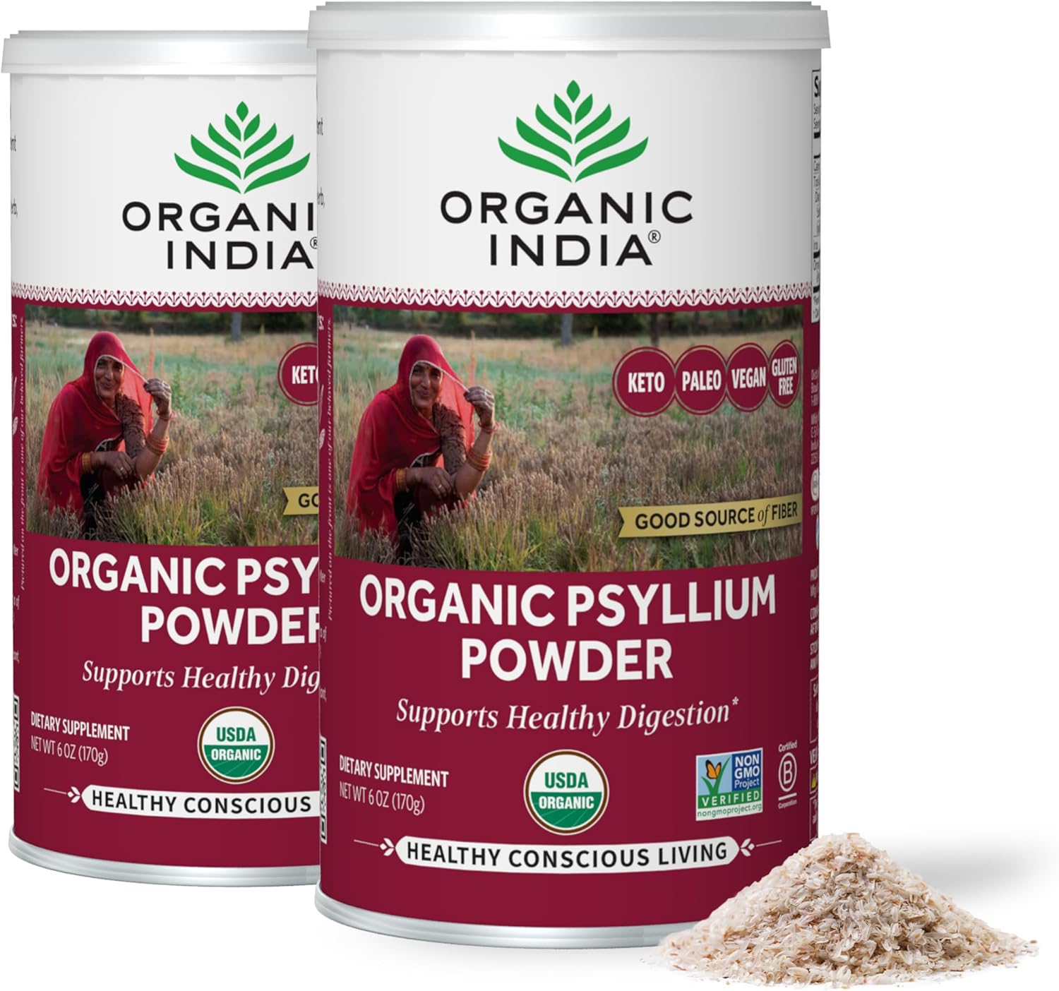 ORGANIC INDIA Psyllium Powder Organic – Fine Grain Psyllium Supplement, Digestion Support, Vegan, Gluten-Free, Non-GMO, Source of Fiber – 6 oz (Pack of 2)