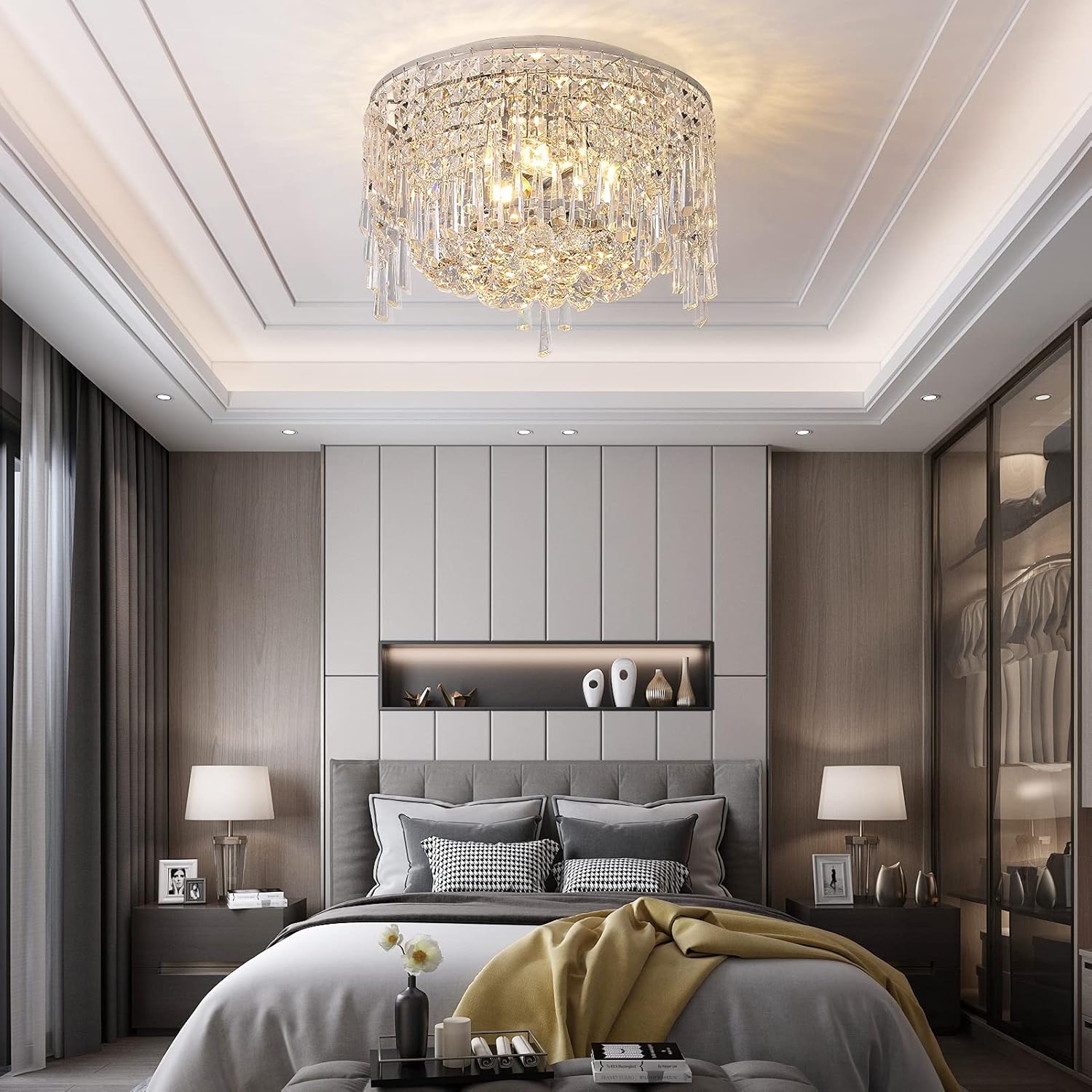 Gеt Chеар Prісе L lansidini CRYSTAL, 2 Tier K9 Crystal Raindrop Ball Closet to Chandelier Light, Flush Mount Ceiling Crystal Light Fixture for Bedroom Living Room, H10.24'' x W13.78'', 3 E12 Bulbs