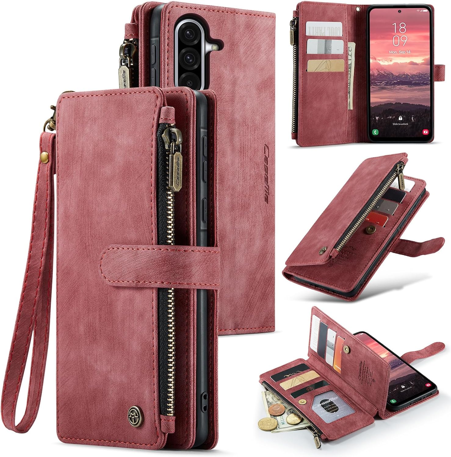 Samsung Galaxy A56 5G Wallet Case with Card Holder Kickstand Magnetic Zipper Pocket Lanyard Strap Wristlet,Leather Flip Case Wallet for Samsung Galaxy A56 5G 6.7 Inch (Red)