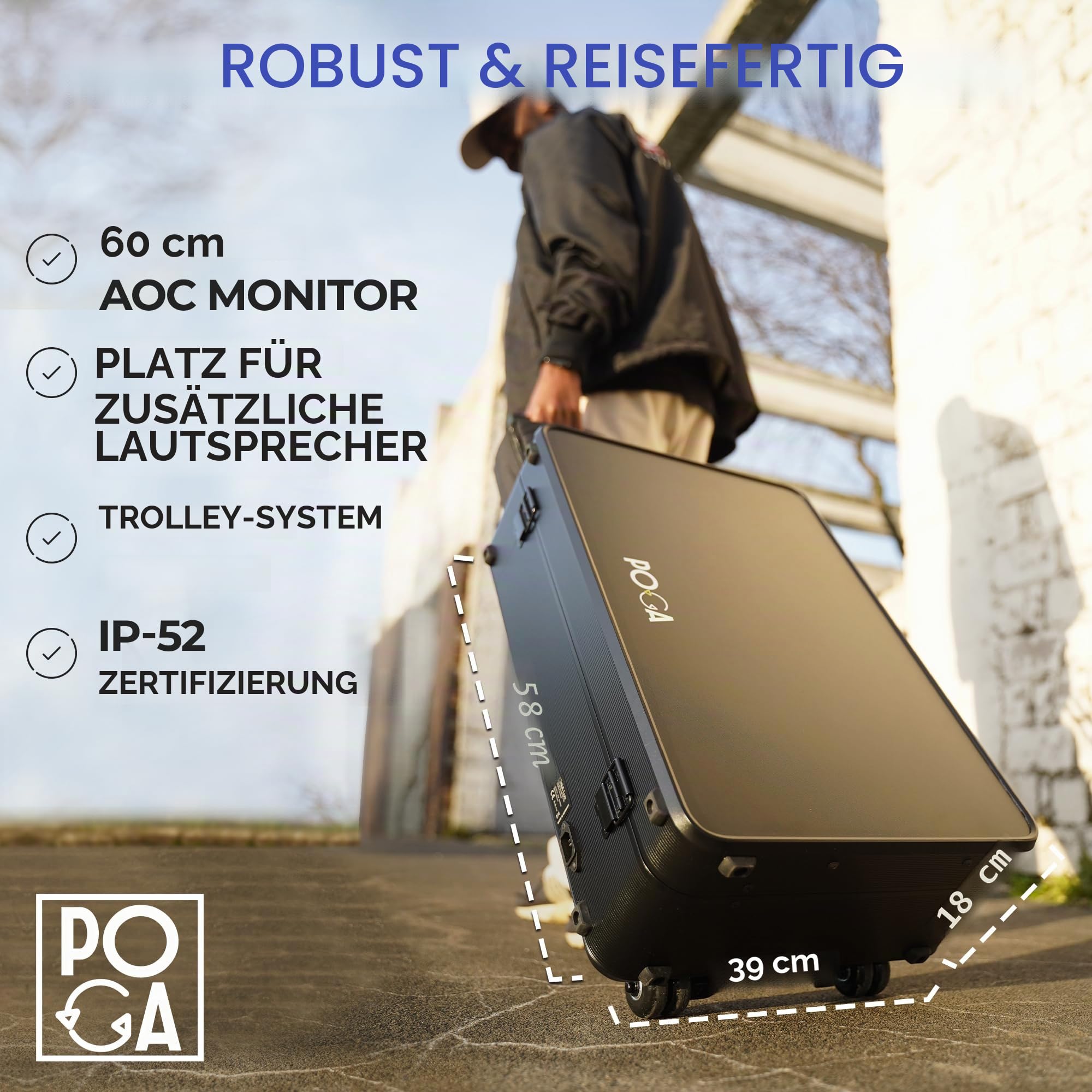 POGA Lux Black – Tragbarer Gamingkoffer (kompatibel mit PlayStation 5) mit integriertem 24″ AOC Gaming Monitor, Trolley & Reisekoffer-Design – Schwarz