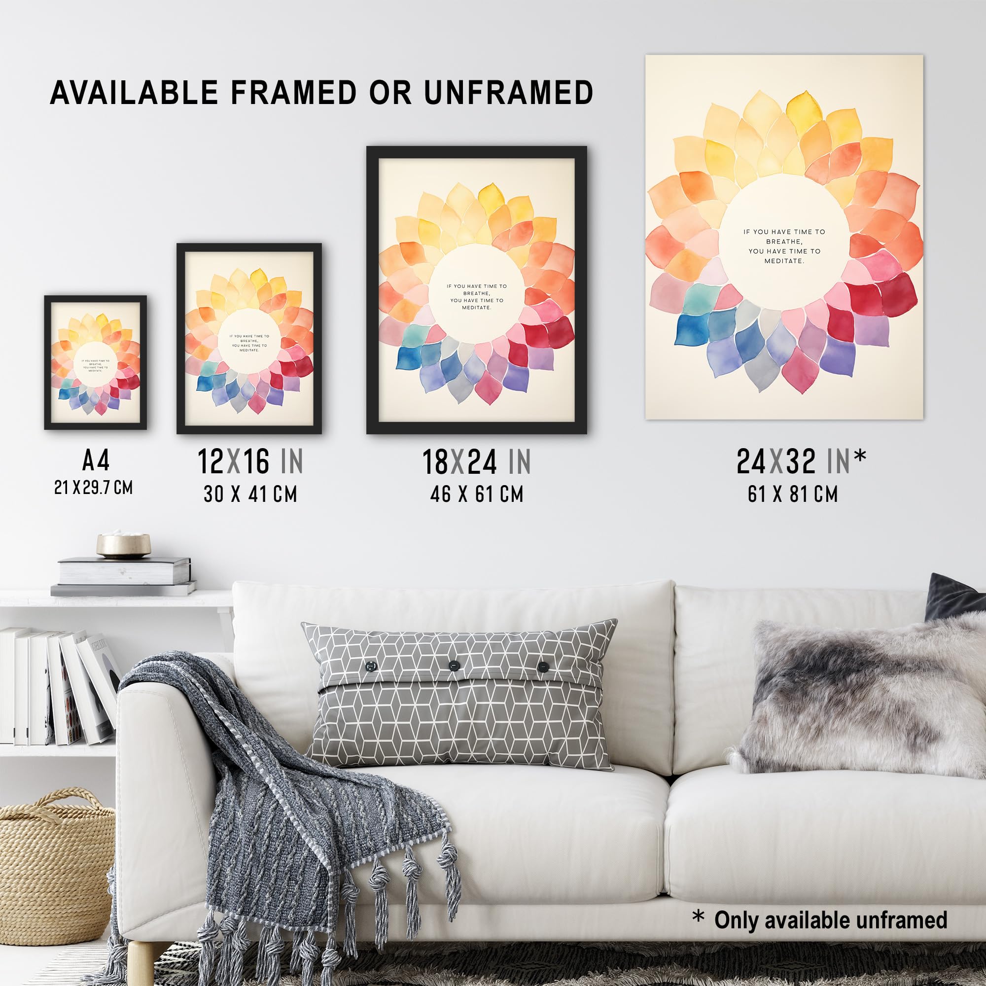 Artery8 Time to Breathe Time to Meditate Buddhist Mindfulness Quote Watercolour Mandala Buddha Meditation Enlightenment Vihara Extra Large XL Wall Art Poster Print - Image 3