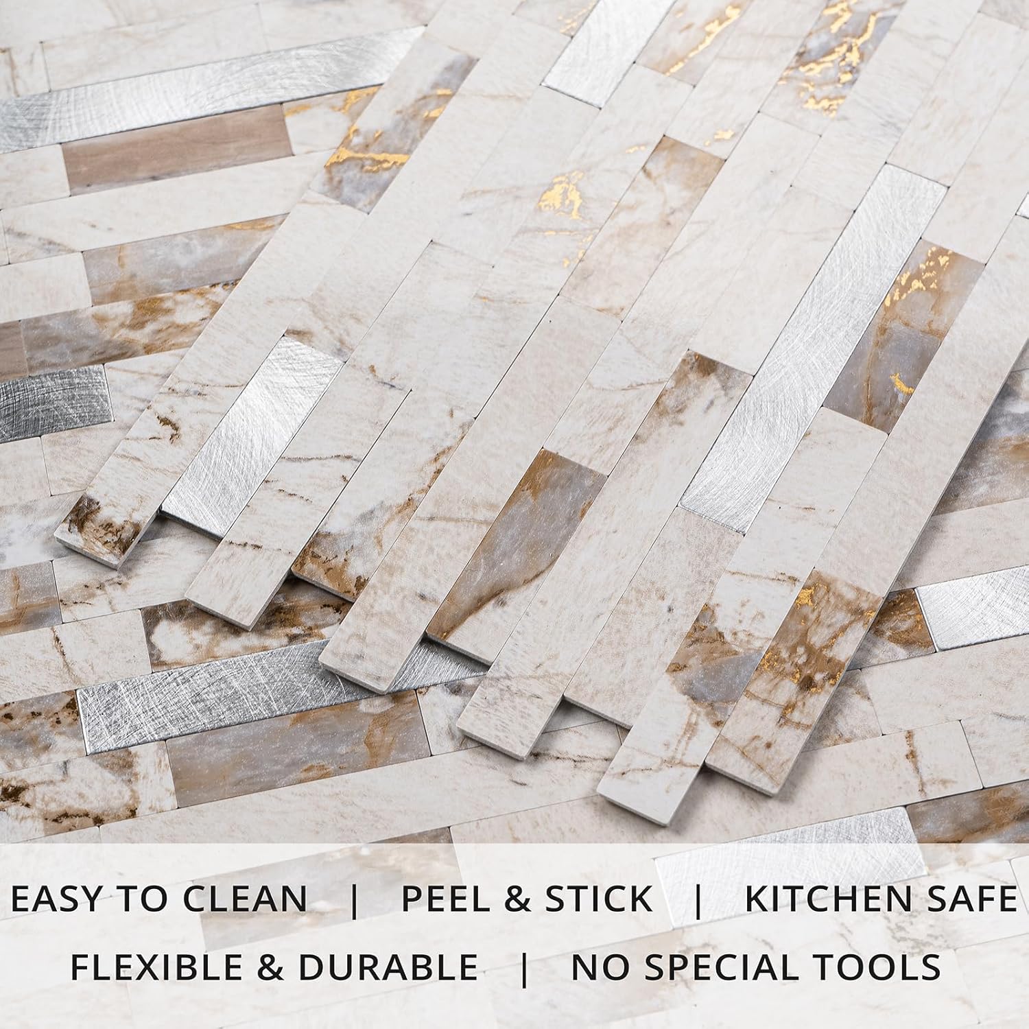 StyloVue 20 Sheets Peel and Stick Backsplash for Kitchen, 2026 Upgraded Ivory Calacatta Marble Look with Silver Metal Accents, Glossy Finish, Stick on Tile for Kitchen Backsplash, RV, Fireplace