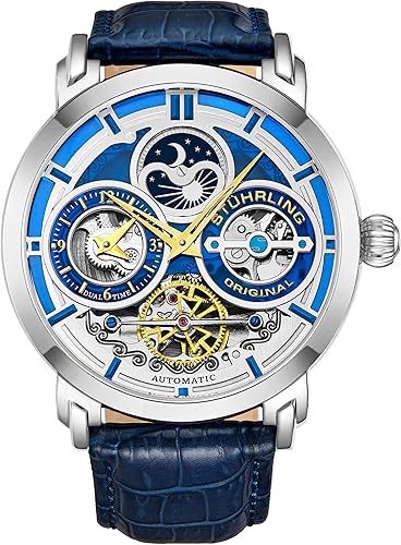 Miniatura 10 de STUHRLING Stührling - Reloj original de acero inoxidable automático para hombre esfera de esqueleto doble hora luna de sol AMPM correa de cuero