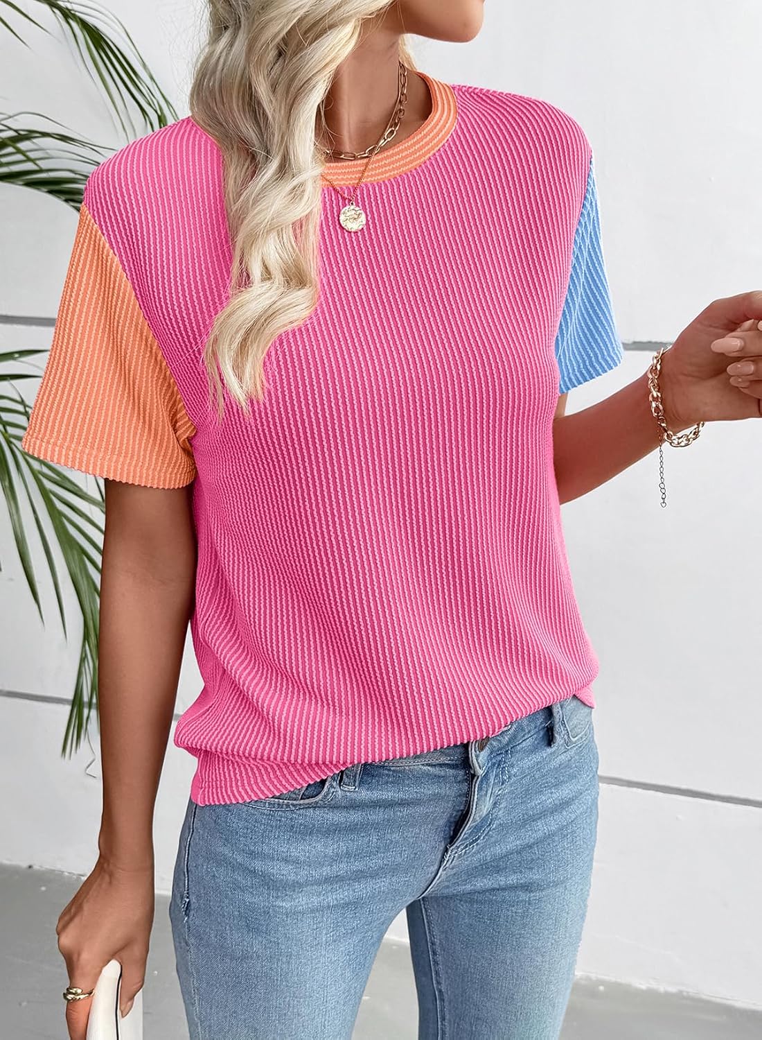EVALESS Women's Short Sleeve T Shirts Ribbed Knit Crewneck Multicolour Block Tee Blouses Spring Tops 2026 Trendy - Image 4