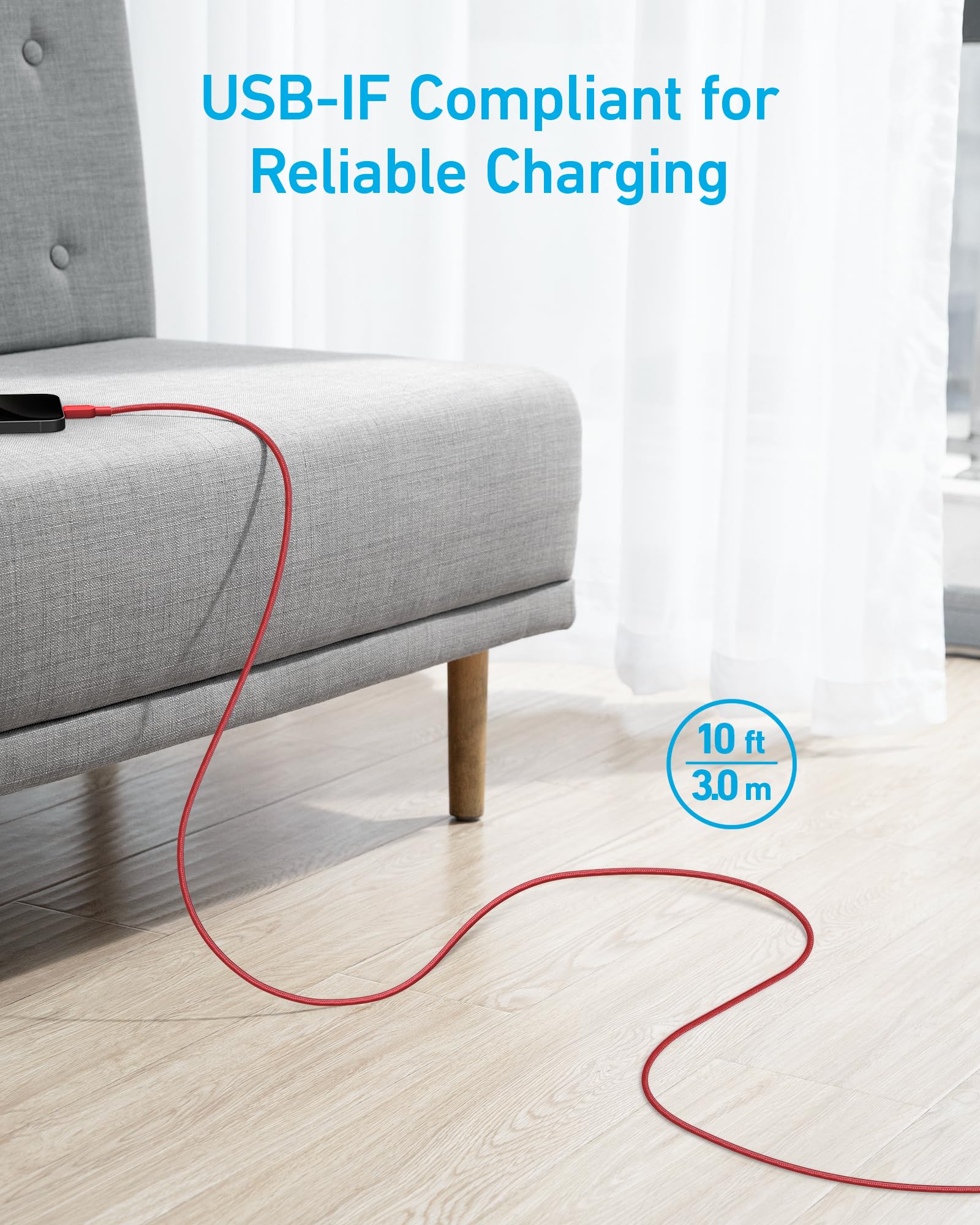 Anker Cavo USB A a USB C, cavo di ricarica (confezione da 2, 3 m, rosso) | Per iPhone serie 17, Samsung Galaxy Note10 / S10+ / S10, LG V30 e altri