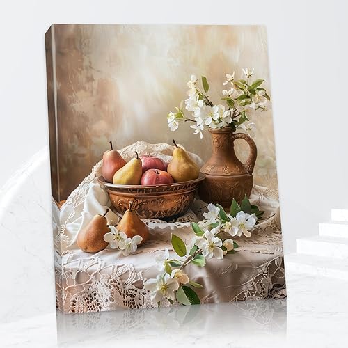 Decoración de pared de cocina de granja, pintura de jarrón vintage de naturaleza muerta, arte de pared de frutas para decoración de comedor, cuadro