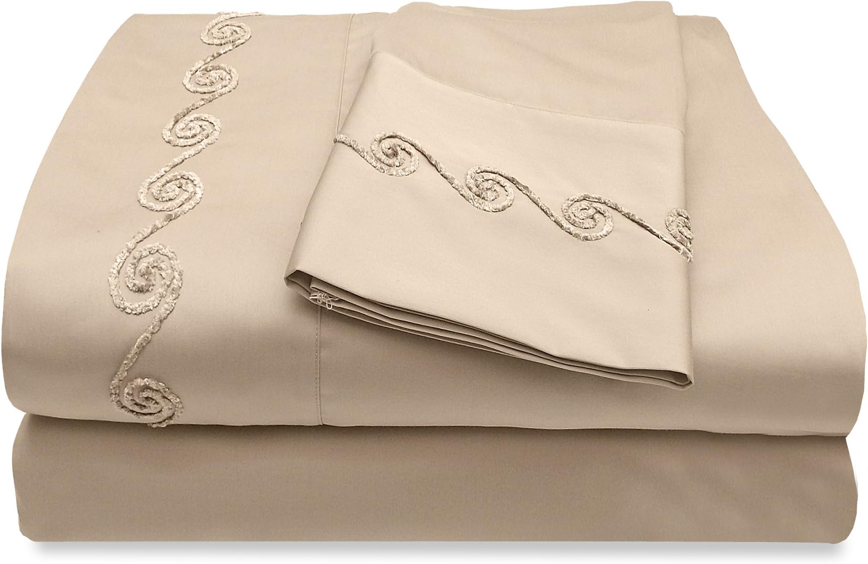 Veratex The Chenille Swirl Collection Contemporary 500 Thread Count 100% Cotton Sateen Pillowcase Pair with Embroidered Design, King Size, Taupe