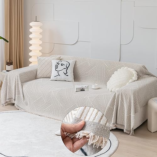 Miniatura 1 de HANDONTIME Funda de sofá de felpilla color caqui, protector de sofá para perros, funda de sofá a rayas, lavable, geométrica, reversible, beige,