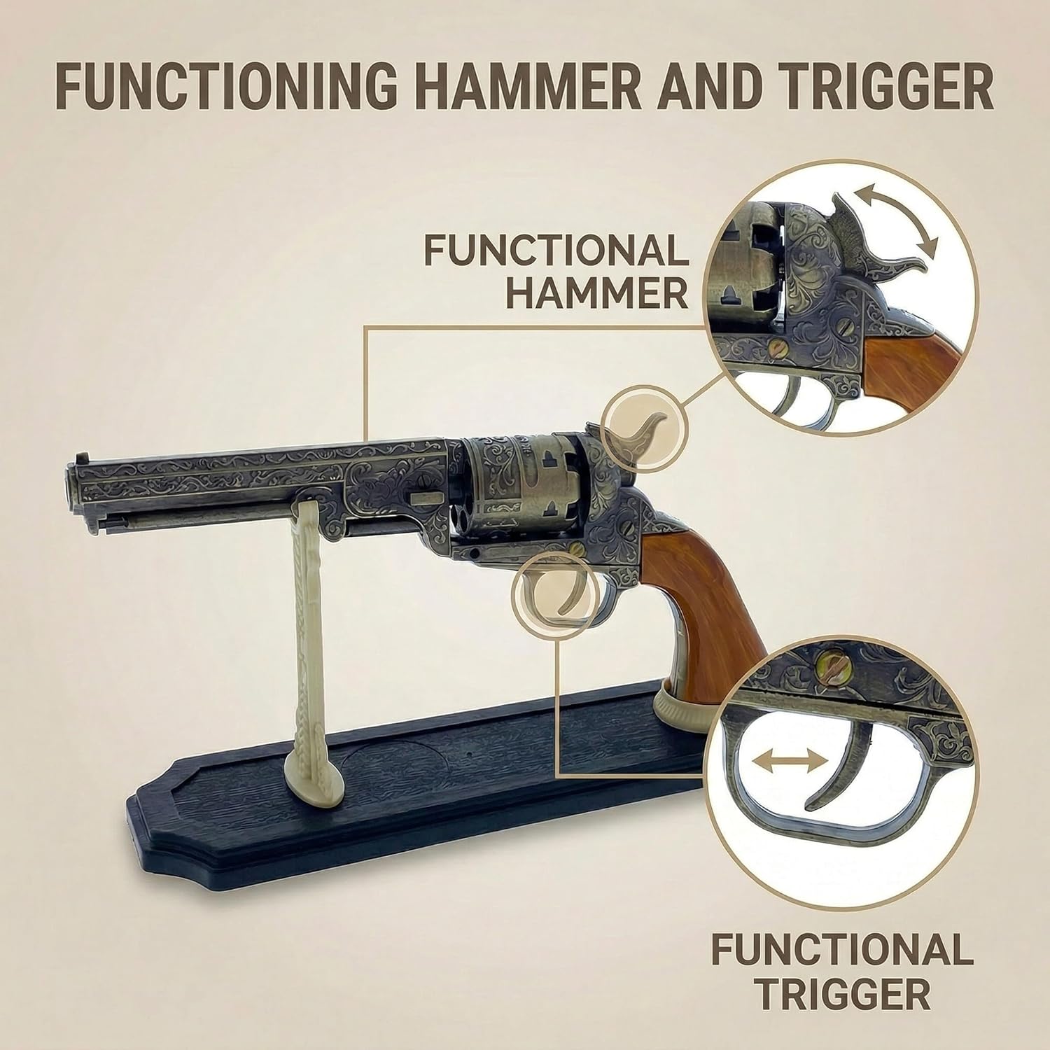 US Decorative Western Style Navy Revolver Display - 13" Steel Western Pistol w/Stand - Ornate Engravings, Functional Trigger & Hammer Revolver Toy Gun – Ideal for Thematic Old Western Decor