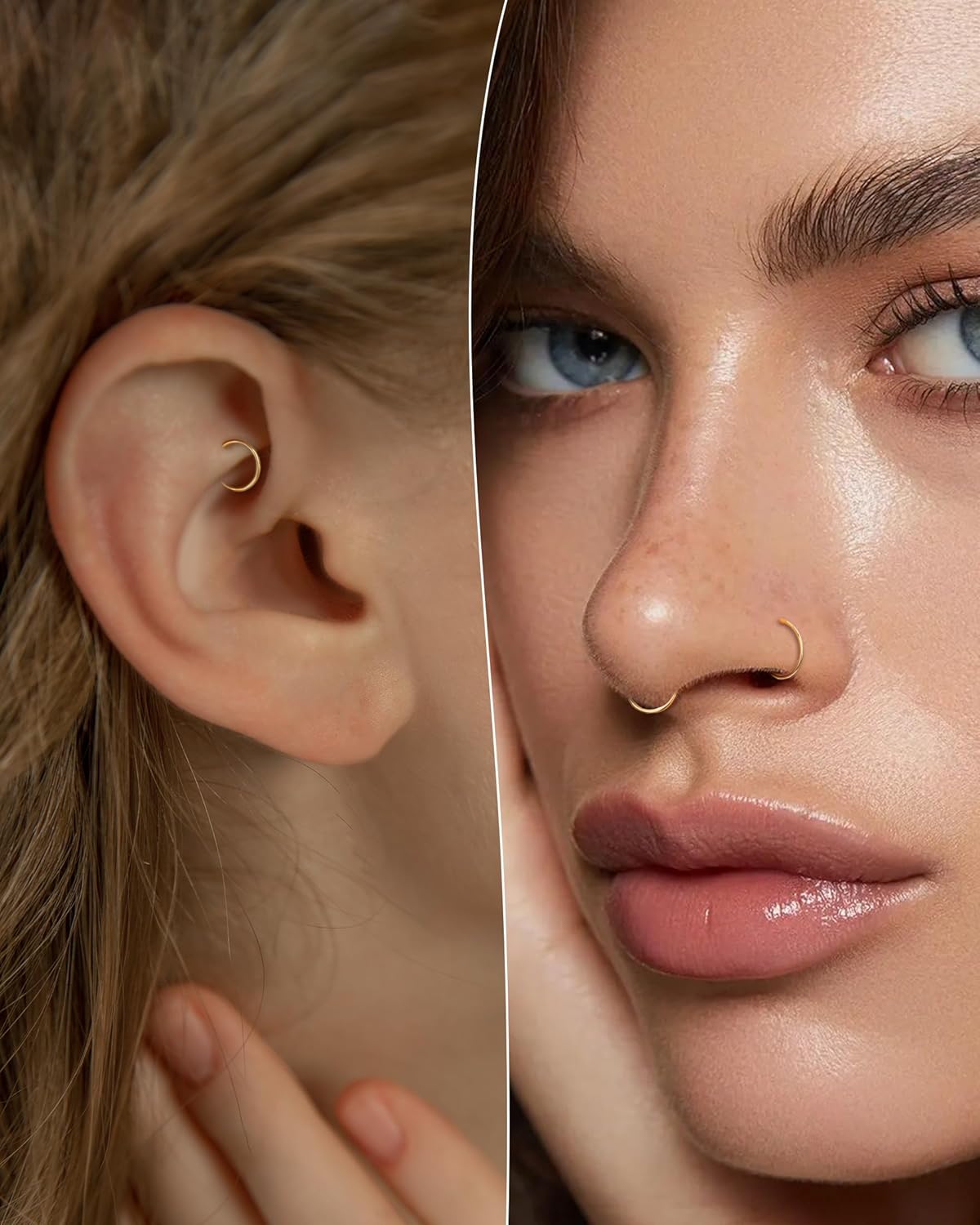 COCHARM 14K Solid Gold 18g/16g Nose Rings 16G Septum Rings Yellow Gold Tragus Helix Cartilage Conch Earring Hoops 18 Gauge Piercing Hoop