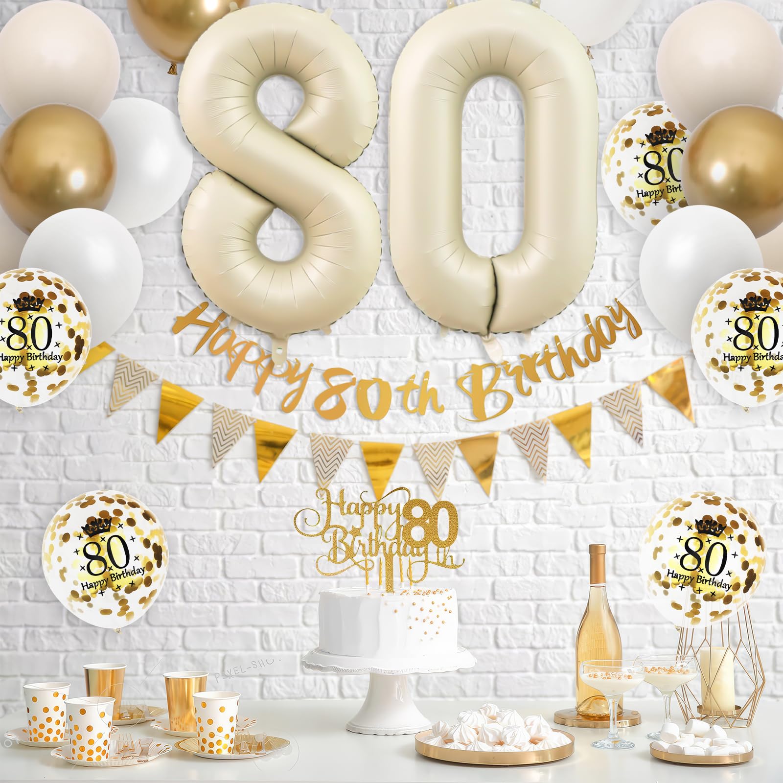 80. Geburtstag Deko Set - Luftballons, Banner, Girlande für Frauen und Männer - Beige Gold Partydekoration mit Tortendeko für 80 Jahre Jubiläum