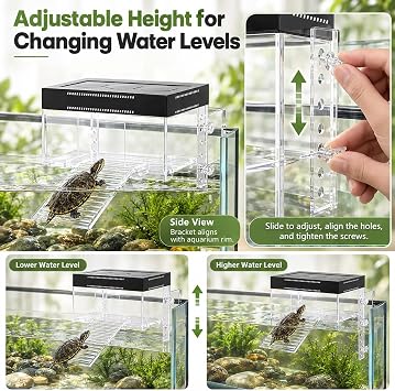 Turtle Basking Platform Height Adjustable Hanging Turtle Tank with Ramp Transparent PC Reptile Resting Tank Topper Turtle Basking Land for Small and Medium Aquarium