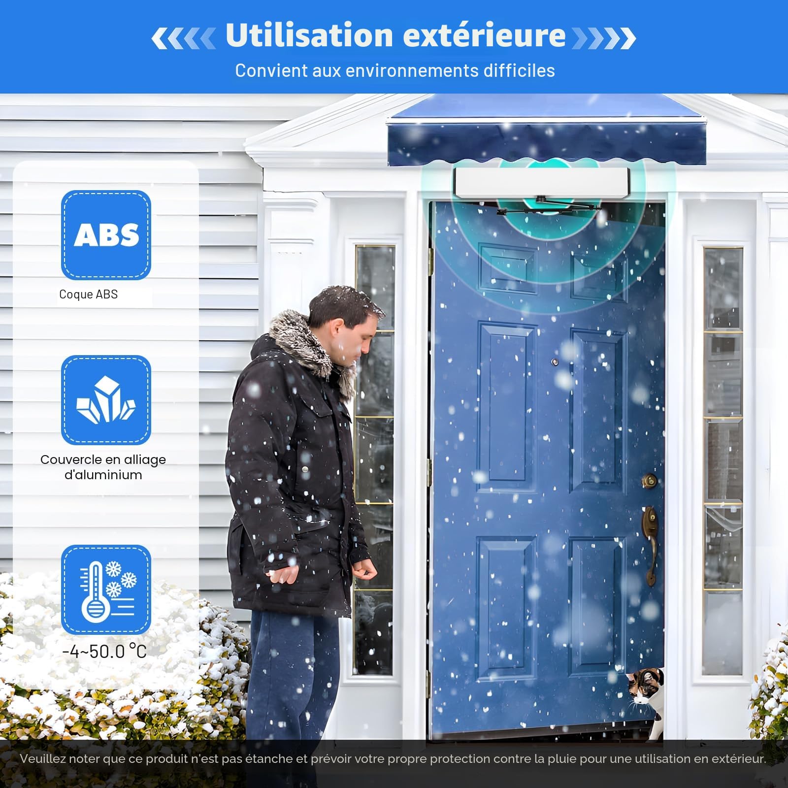 Ouvre-porte battant automatique 50 W avec télécommande 100 kg 4 modes d'ouverture automatique Angle d'ouverture 120° Ferme-porte avec détection d'obstacles Silencieux 55 dB pour intérieur