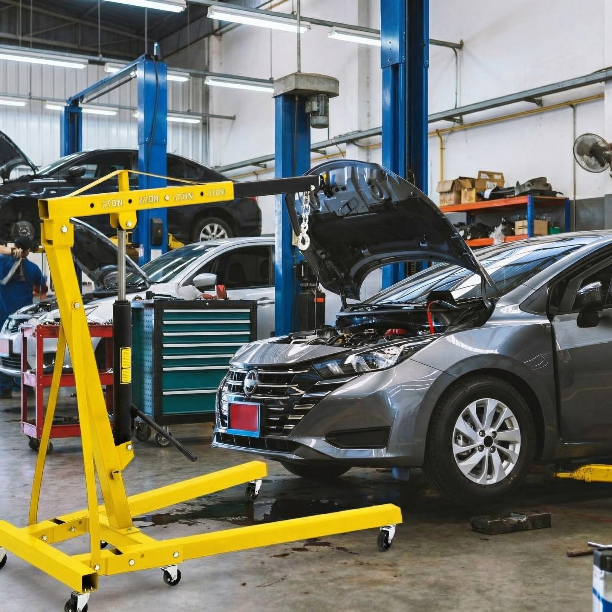 Garvee 2 Ton Engine Hoist, 4400 Lbs Folding Hydraulic Cherry Picker, Heavy-Duty Shop Crane with 6 Caster Wheels, 4 Adjustable Boom Positions, for Warehouse, Garage and Workshop, Yellow