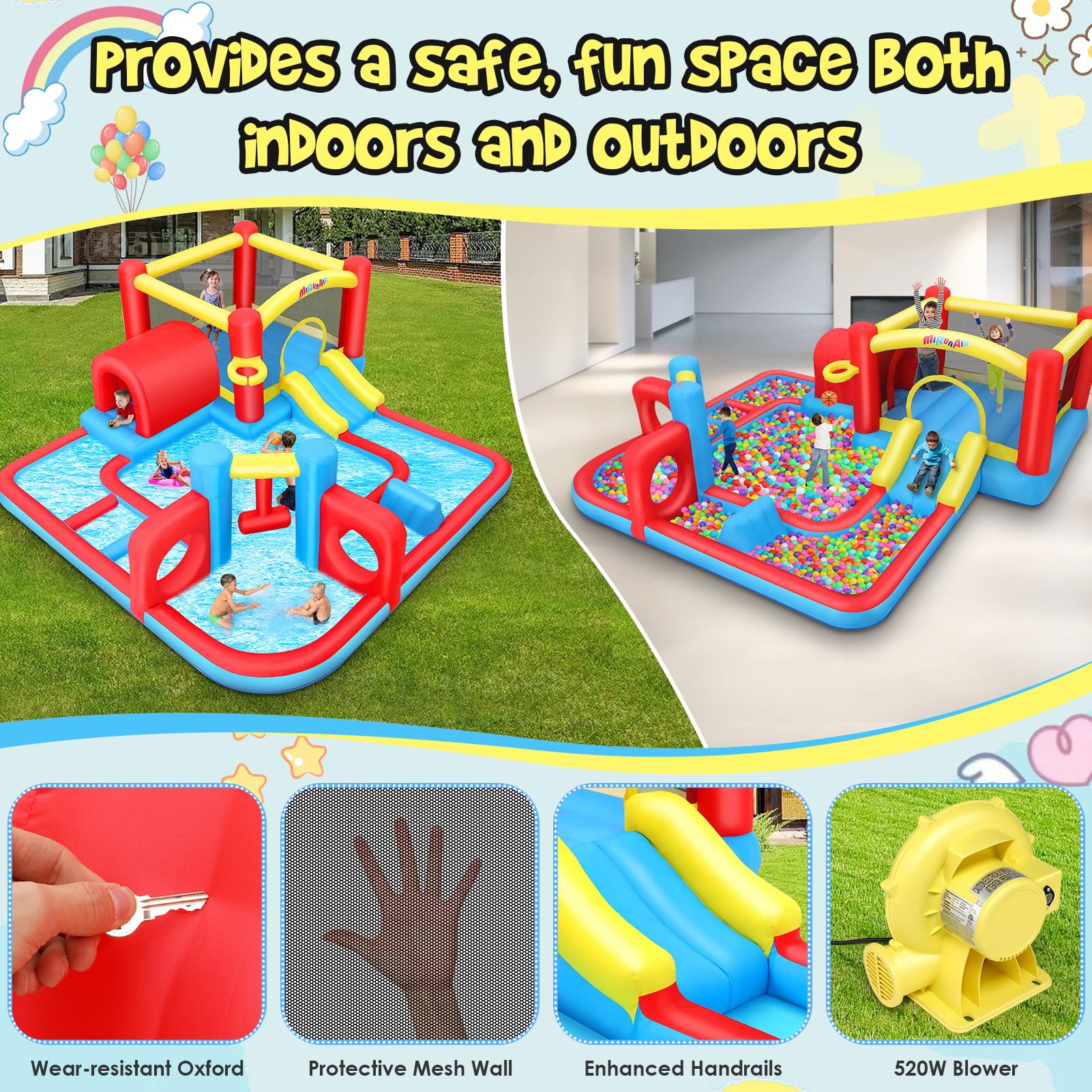 Whubefy - Campo de obstáculos inflable para casa de rebote para niños, patio trasero, parque acuático con piscina grande de 15 x 15 pies, martillo para riego, túnel de juego, anillo doble y desafío de