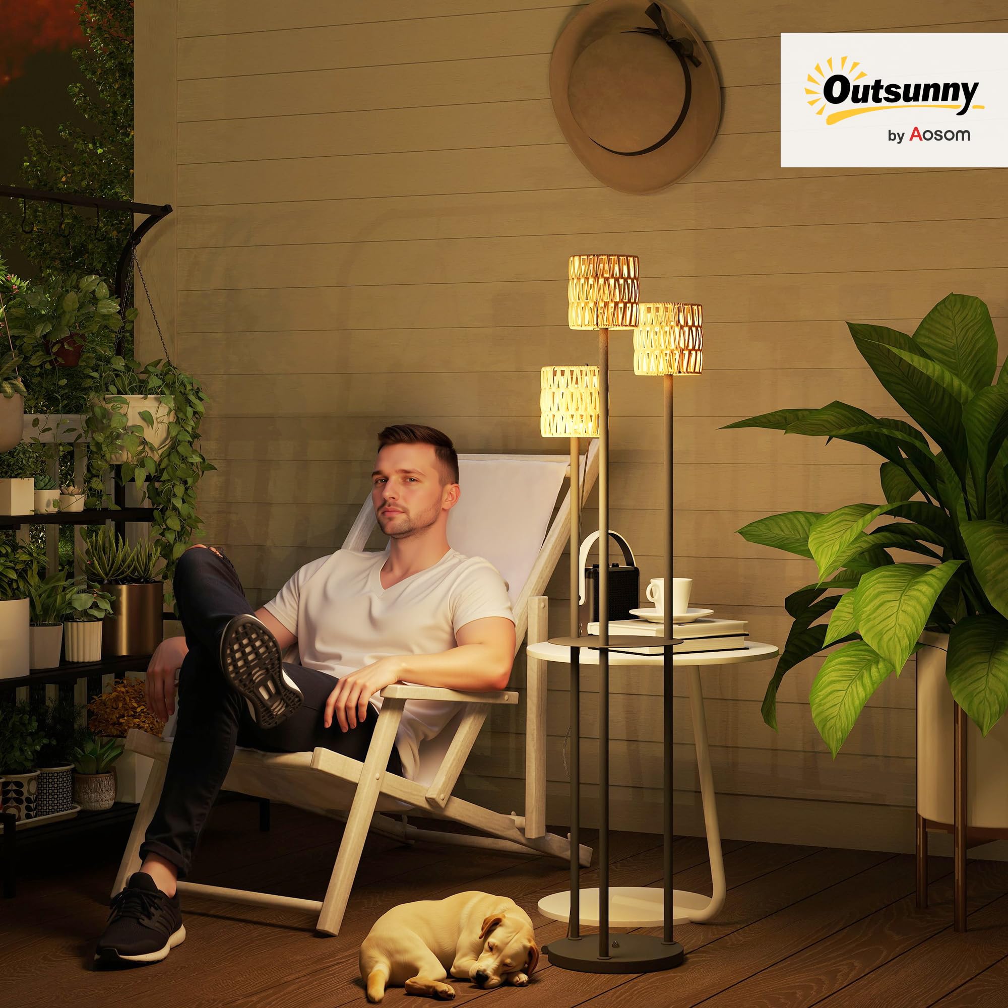 Outsunny Lámpara de Pie Solar de 3 Luces Estilo Boho con Estante Central y Base Redonda, Lámpara de Exterior de Ratán PE y Acero, IP44, para Salón, Dormitorio, Negro y Amarillo
