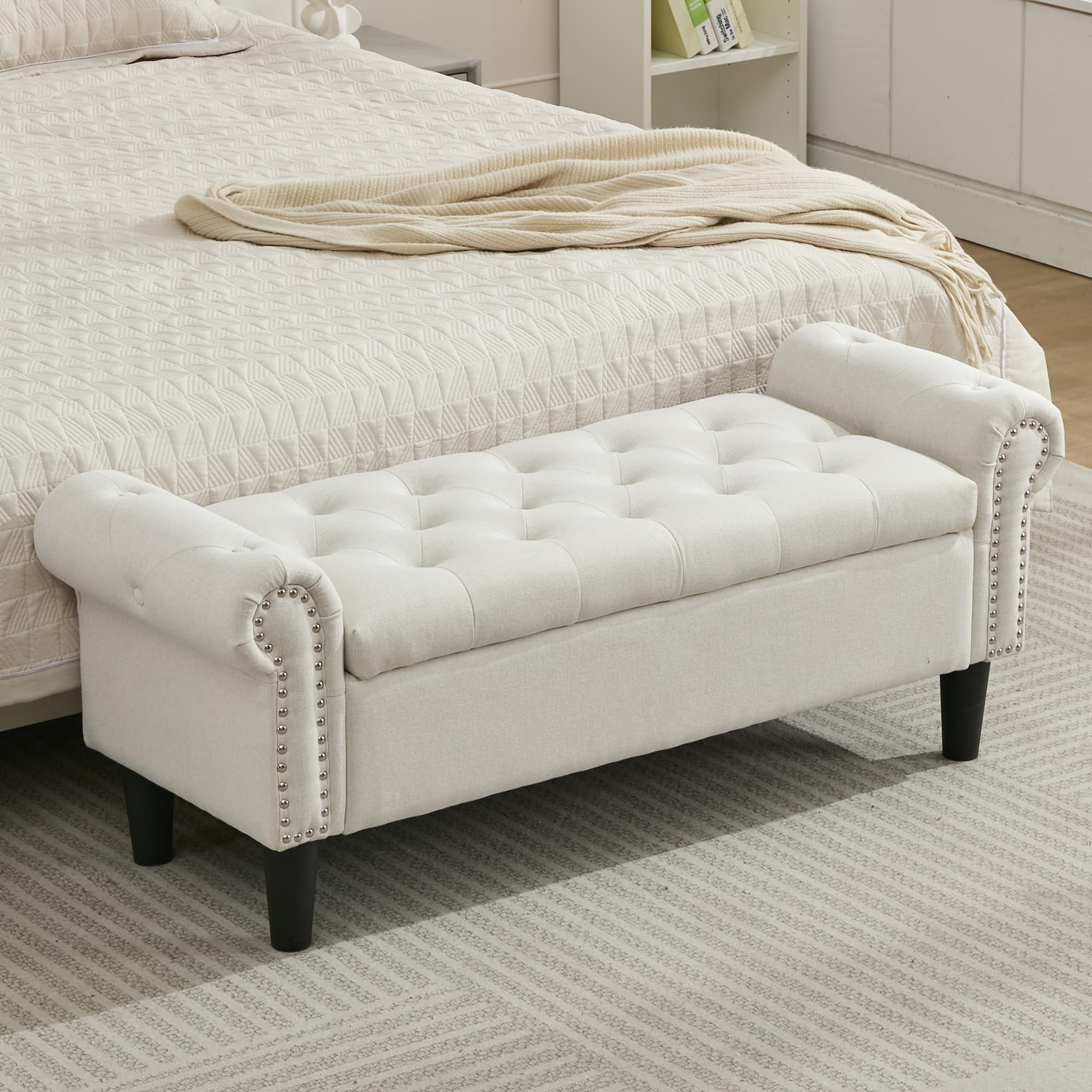SOFTHION Storage Bench, 50" Queen End of Bed Bench, Linen Tufted Button Upholstered Bedroom Bench, Storage Ottoman with Rolled Arms, Window Bench with