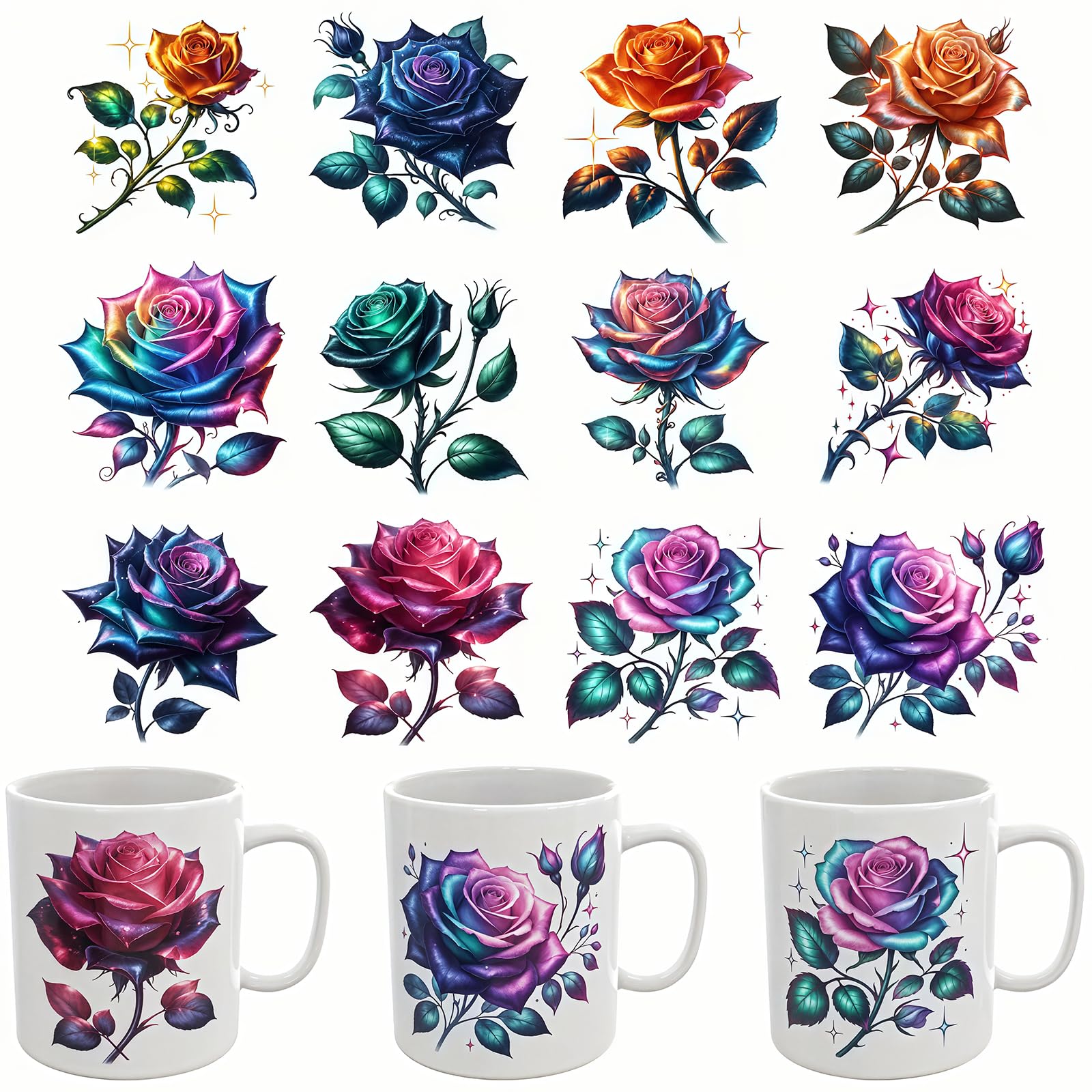Yqtwlkjic Multicolor 12Pcs Laser Rose Flowers Uv Dtf Cup Wraps Transfer Waterproof Sticker For Glass Cups Furniture Craft Diy Crafts，Rub On Transfer Stickers For Diy Water Bottle Laptop Decal Wood Car