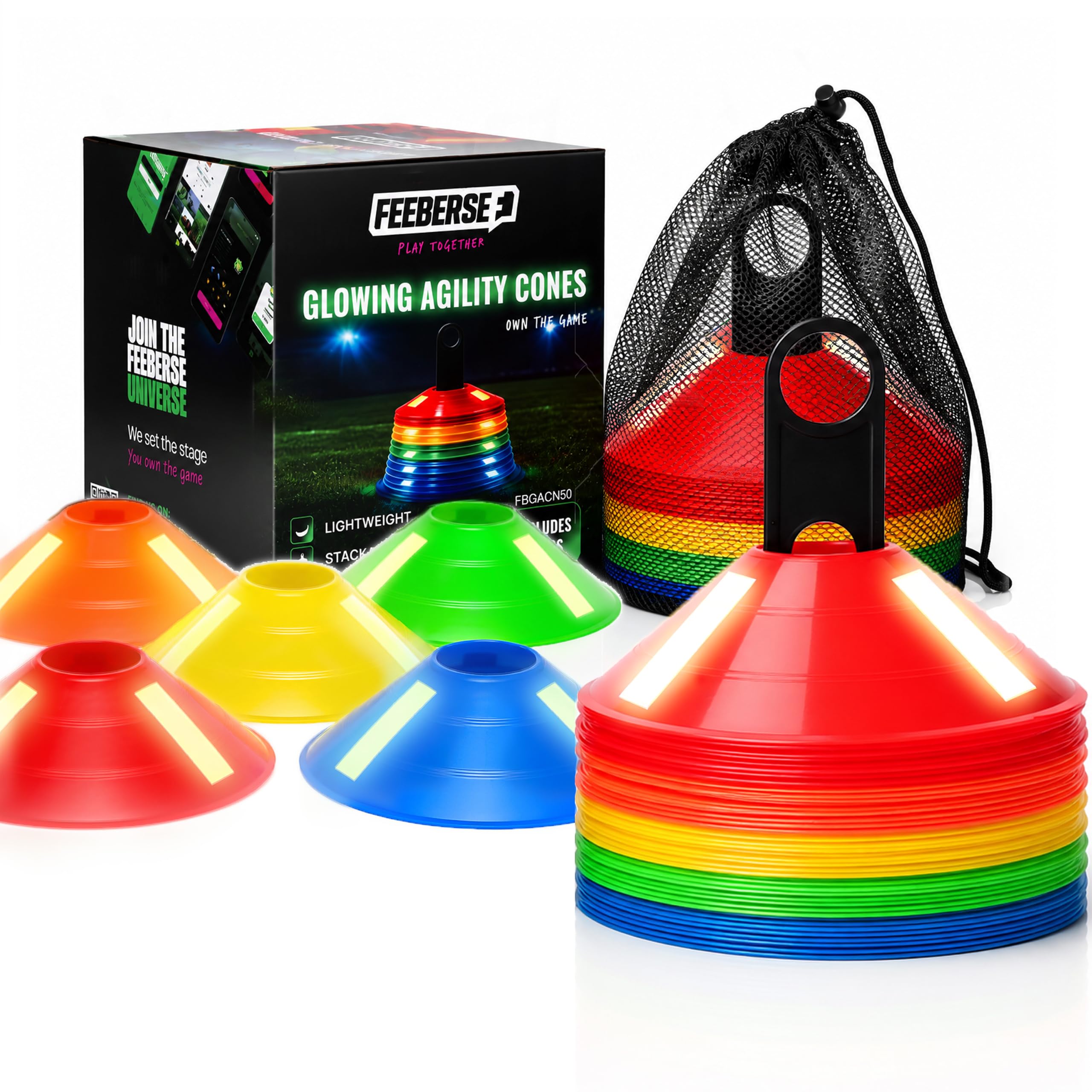 Coni di agilità fosforescenti, set di 50 coni dischi da calcio attivati dalla luce con supporto, 5 colori, per allenamento notturno di velocità e agilità, interno/esterno