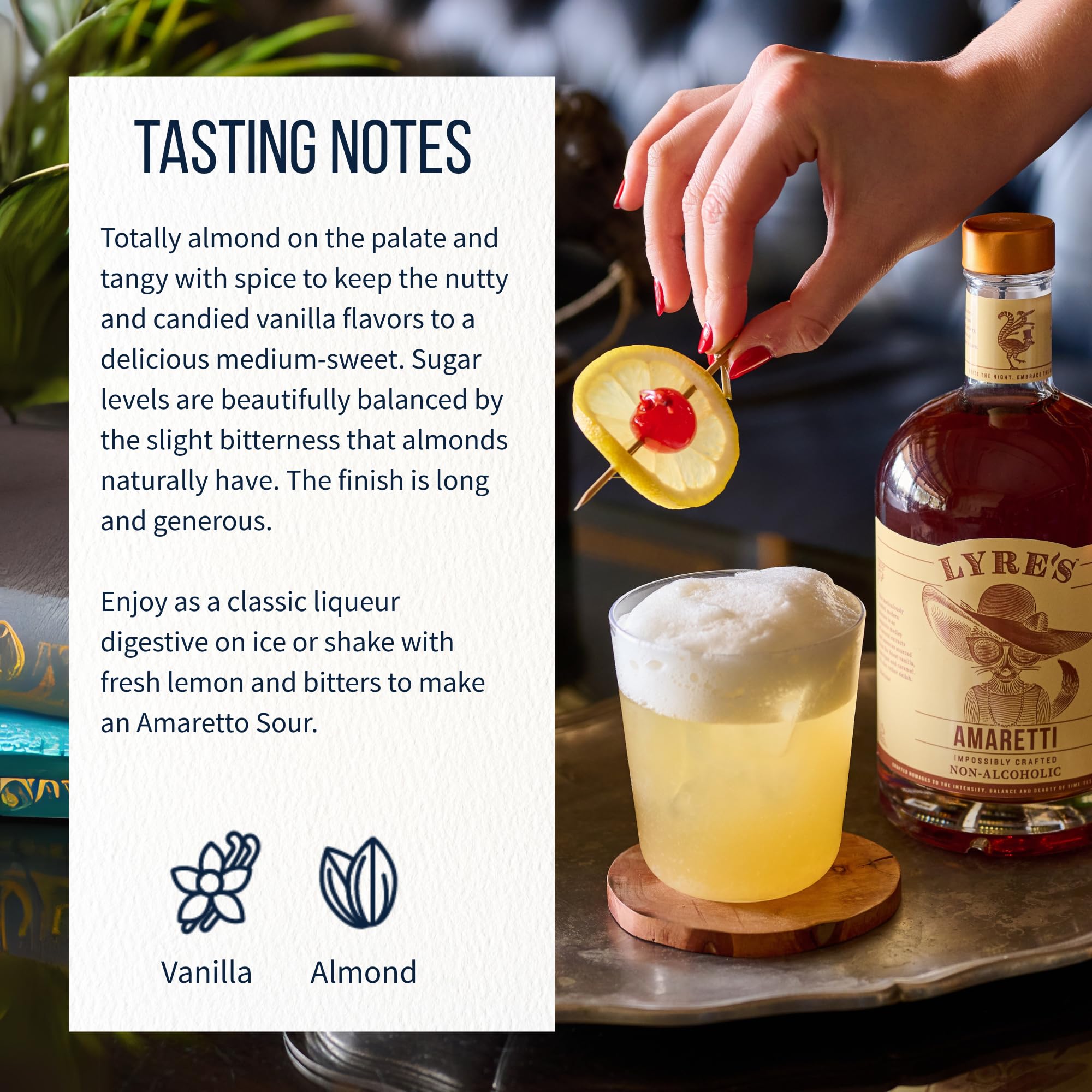 Lyres Amaretti Award-Winning Non Alcoholic Amaretto Alternative Zero Proof Spirit for Non Alcoholic Amaretto Sours Cocktails and Dessert — view 4