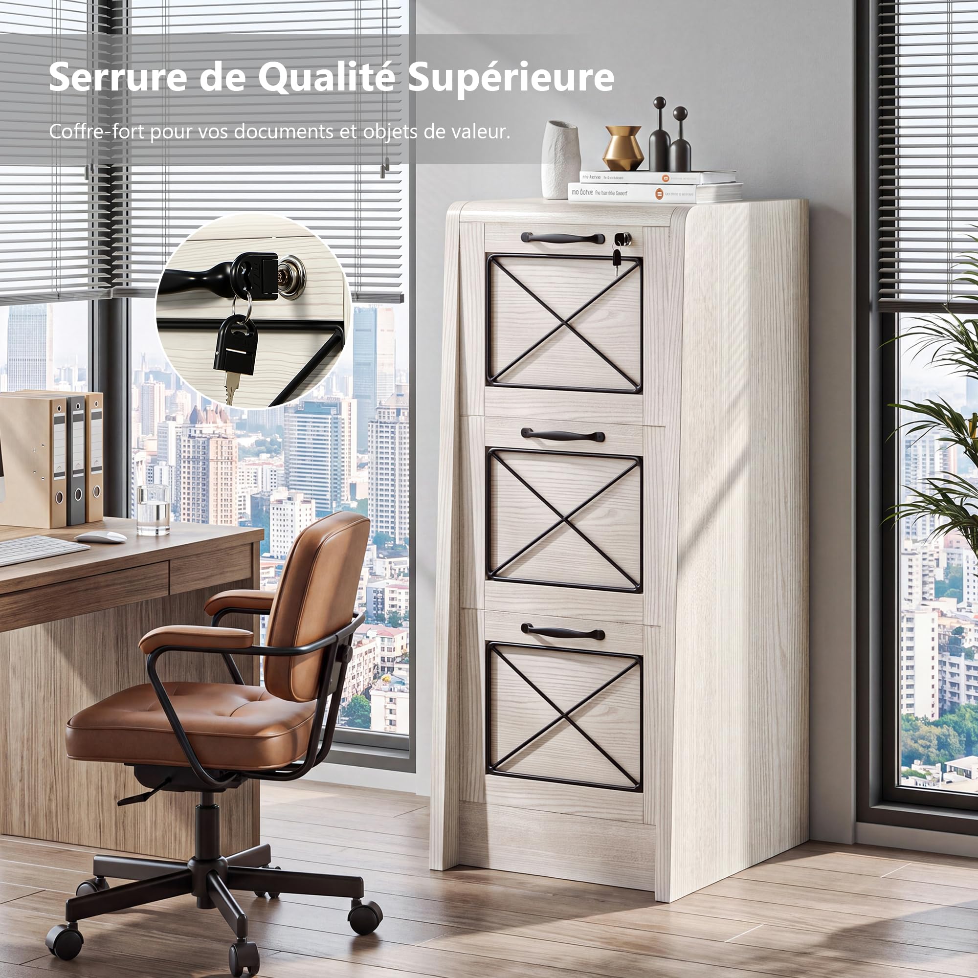 iPormis Caisson de Bureau à 3 Tiroirs, verrouillables, avec Serrure, Rails de Suspension réglables, pour dossiers A4 et Format Lettre