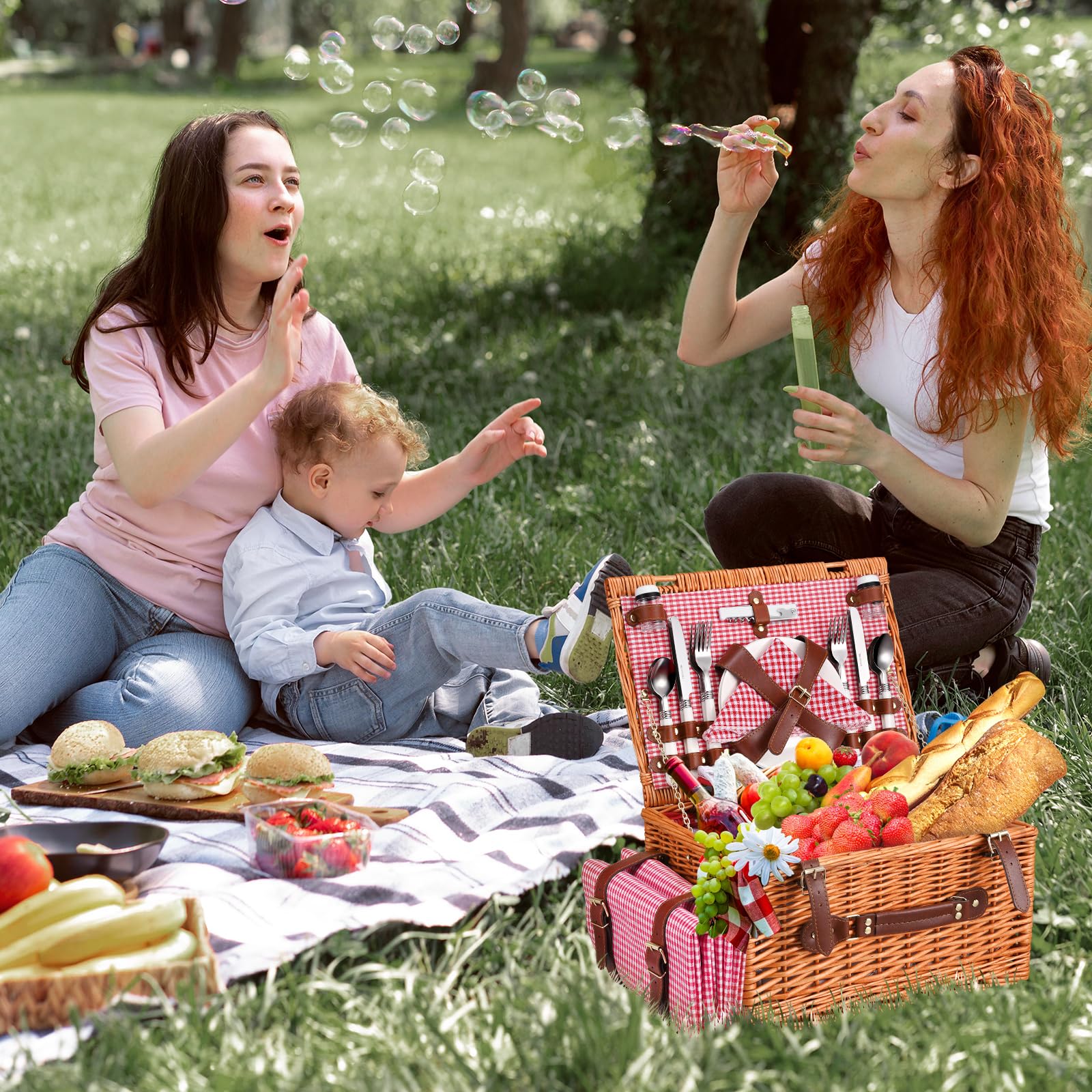 Cestino Picnic, Cesto Picnic Vimini con Scomparto Termico,Cestino Vimini con Coperta Impermeabile e Set di Posate, Set Pic Nic 4 Persone per Campeggio, Cestino Pic Nic (Rosa)