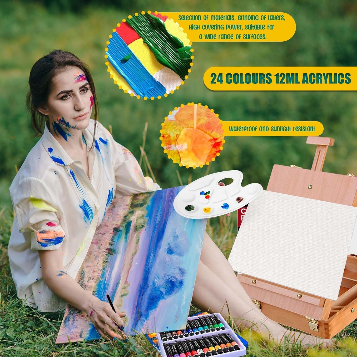 Cavalletto da Tavolo,Cavalletto Pittura,Set di pittura acrilica da 44 pezzi,24 colori acrilici,12 pennelli,Spatola, Grembiuli,Tavolozza Colori e Tela A4,per Professionisti e Hobbisti