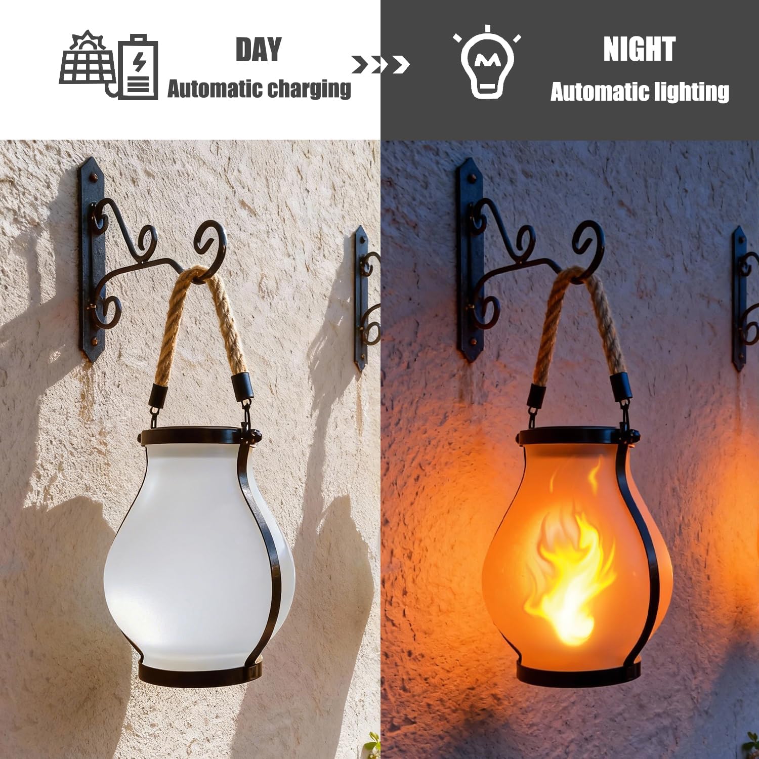 2 Pack Solar Flame Lantern Hanging Waterproof Outdoor with Realistic Dancing Flickering Flame Light Glass Solar Lamp for Women Gifts,Halloween,Christmas Yard Garden Patio Porch Decor