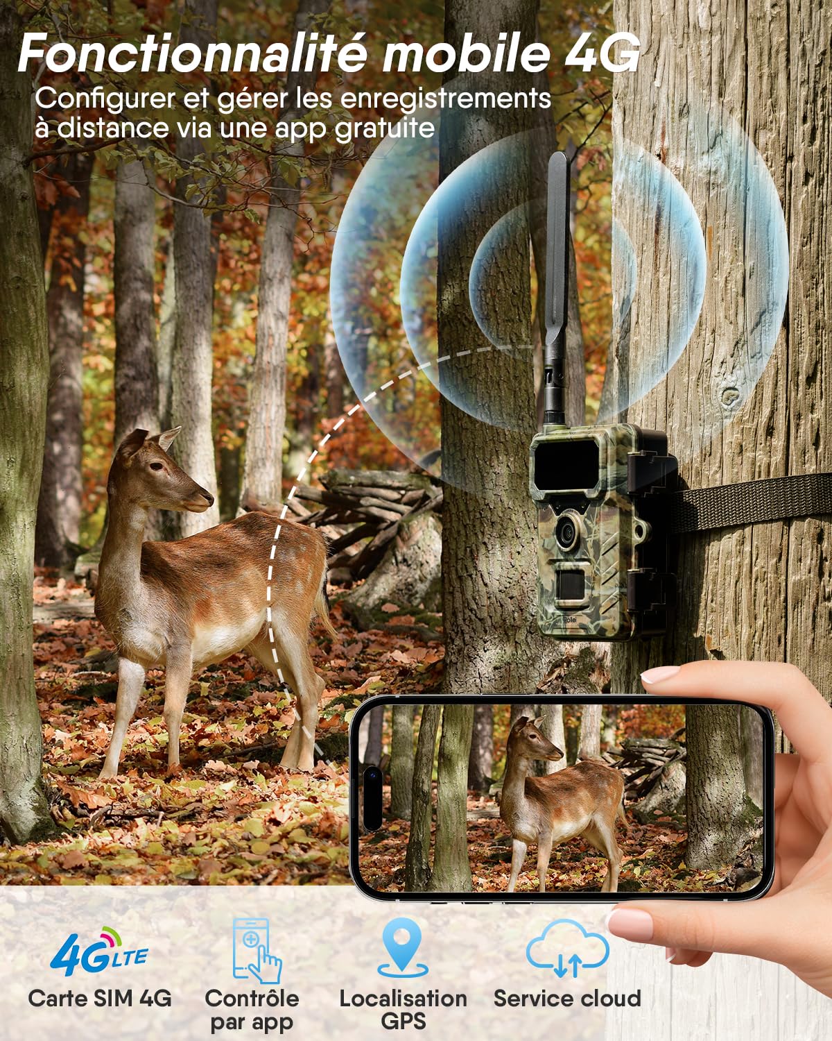 Rollei Camera de Chasse 4G 4K avec Carte Sim/Carte SD 32Go/App Mobile | Caméra Chasse Connectée Smartphone avec Détecteur de Mouvement Infrarouge Vision Nocturne Animaux Camera avec Batterie IP66